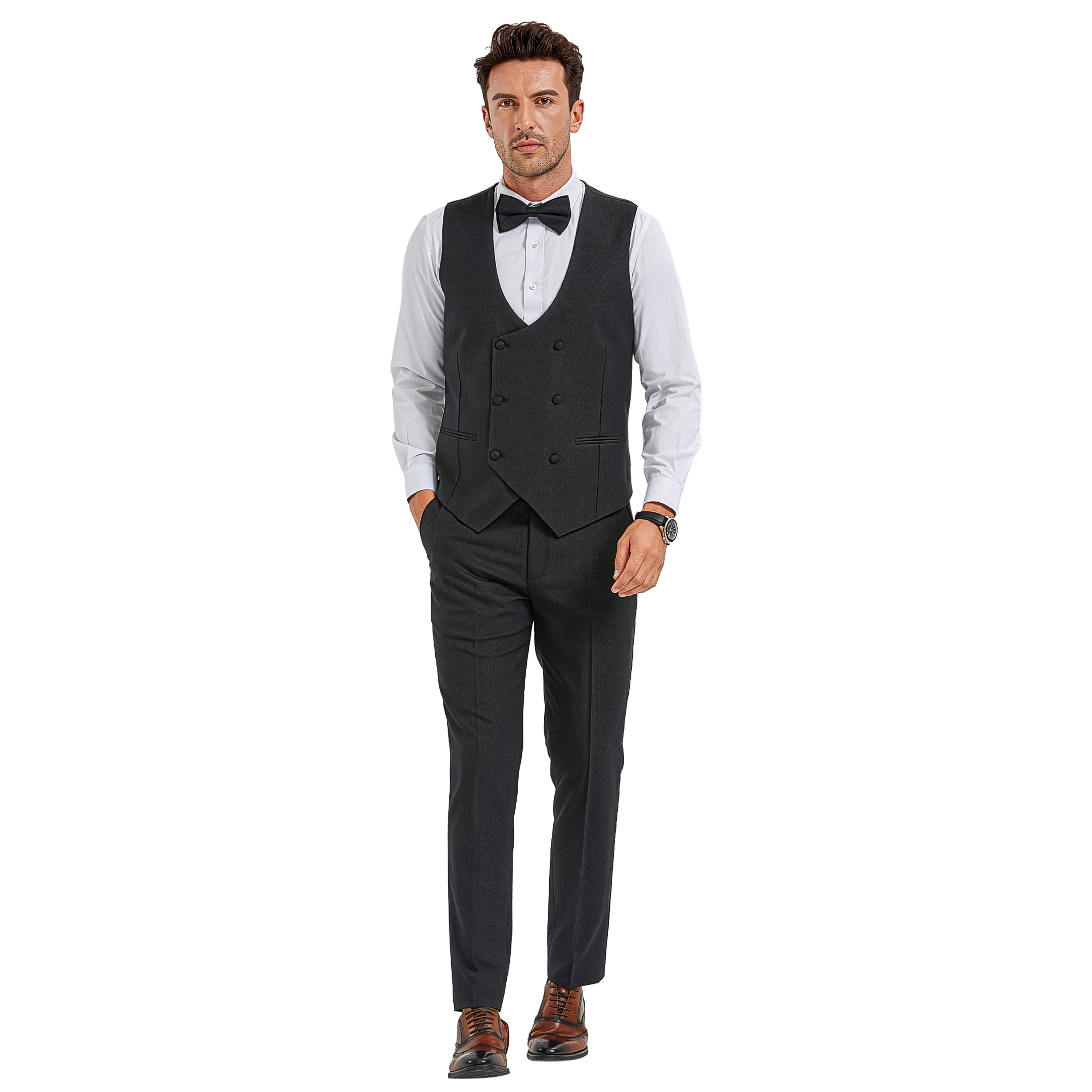 Tazzio Men's Skinny Fit 3-Piece Tuxedo Look Suit Set, Double Breasted Vest