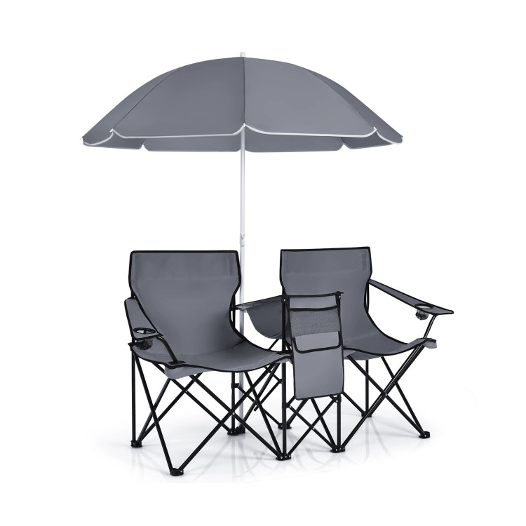 SUGIFT Gray Double Folding Picnic Chair with Removable Umbrella and Cooler Bag 63-in W 22-in D 270-lb Per Seat
