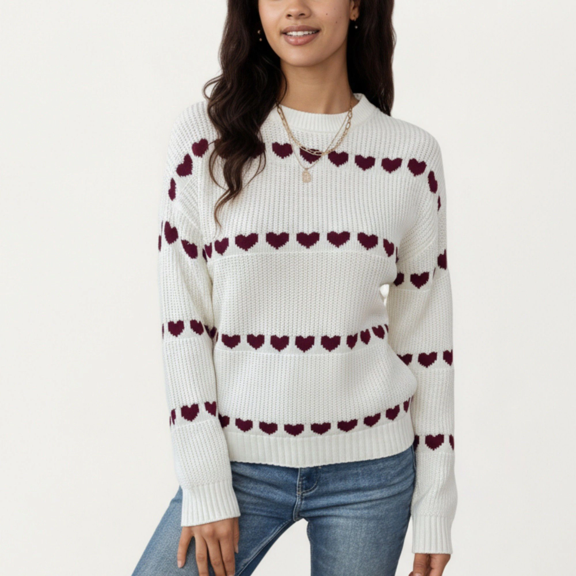 Anna-Kaci Women's Long Sleeve Valentine Knit Sweater with Heart Pattern and Ribbed Trim