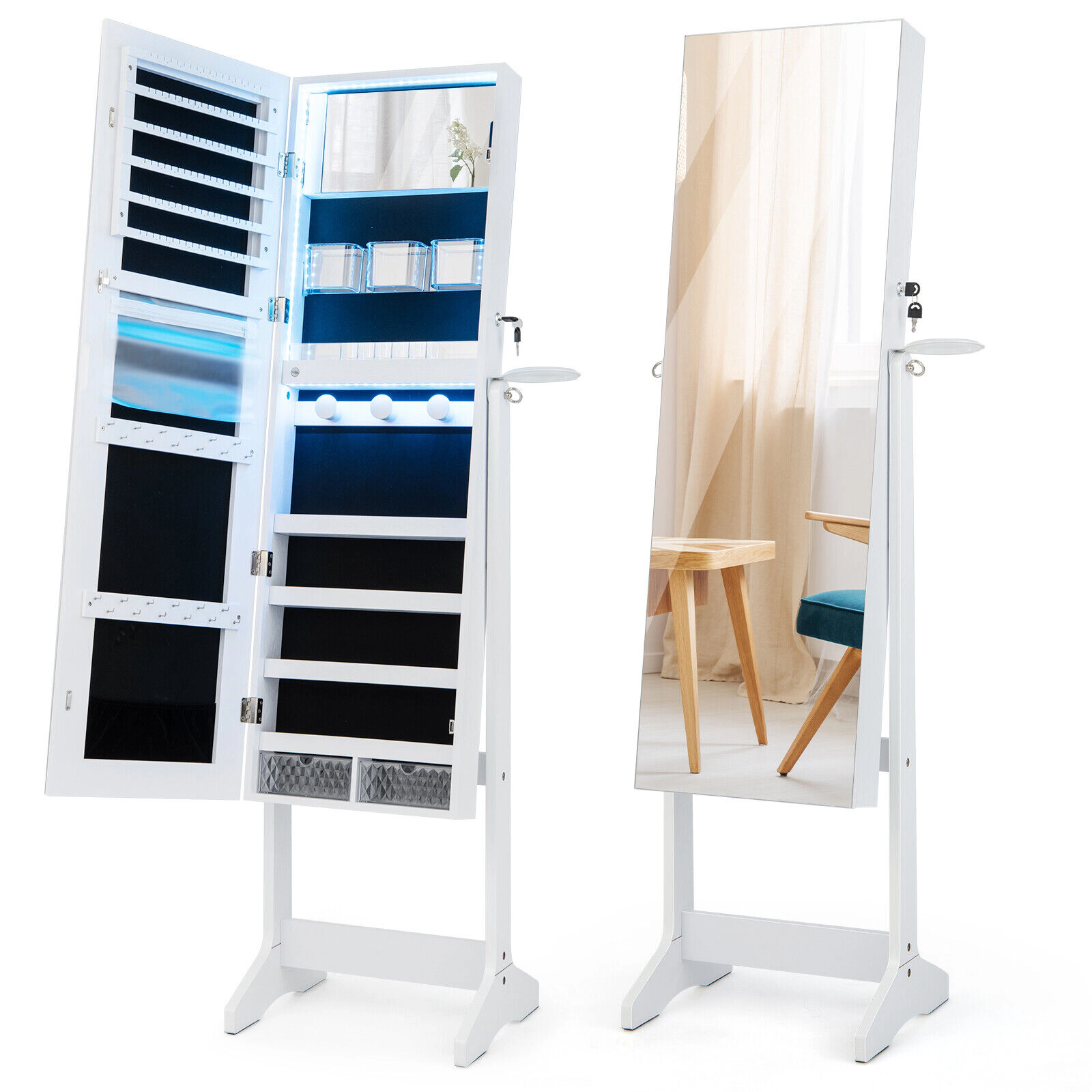 Slickblue 61.5 Inch Freestanding Jewelry Cabinet with Full-Length Mirror and LED Lights
