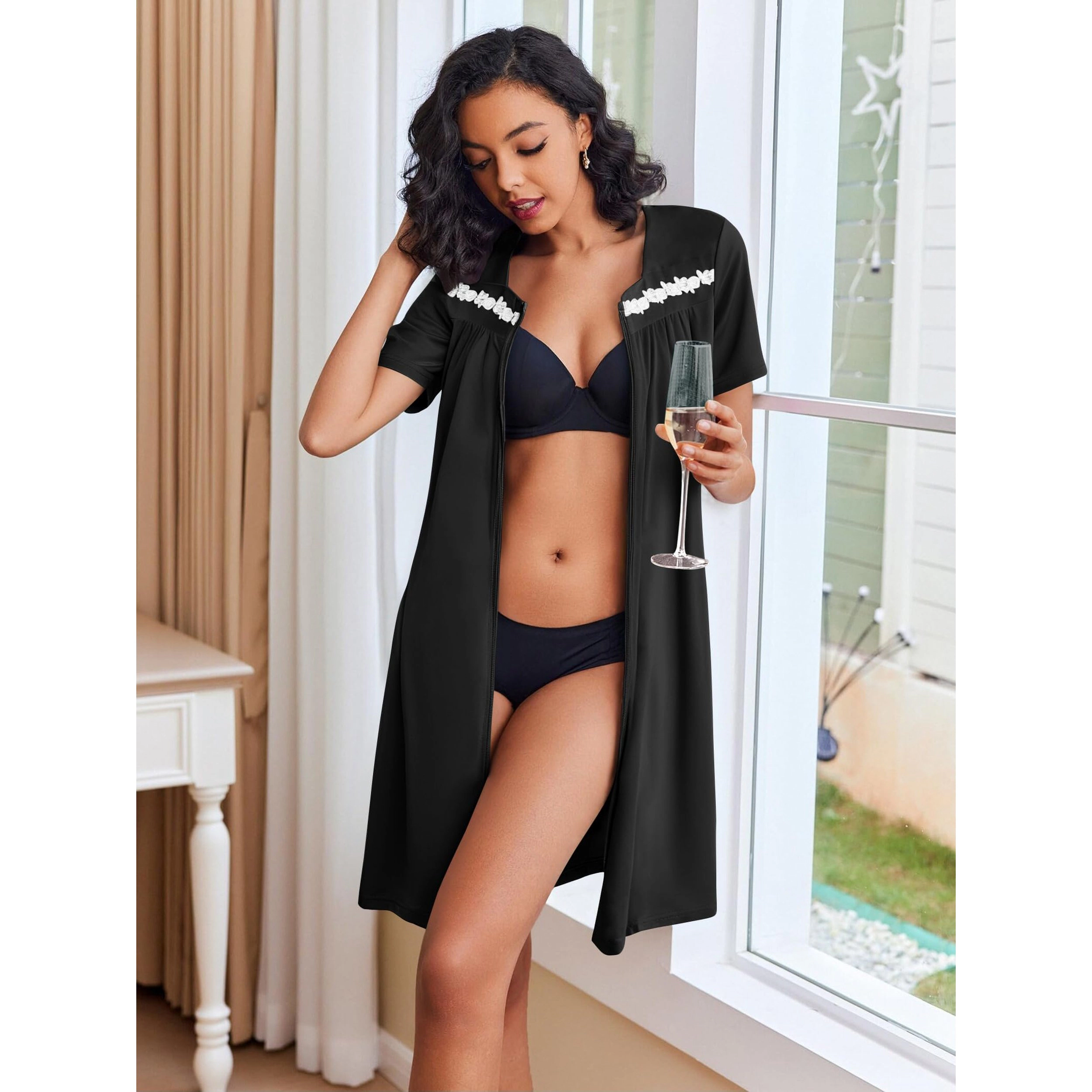 Ekouaer Women Zipper Robe Short Sleeves House Coat Front Bathrobe Housecoat Nightgown