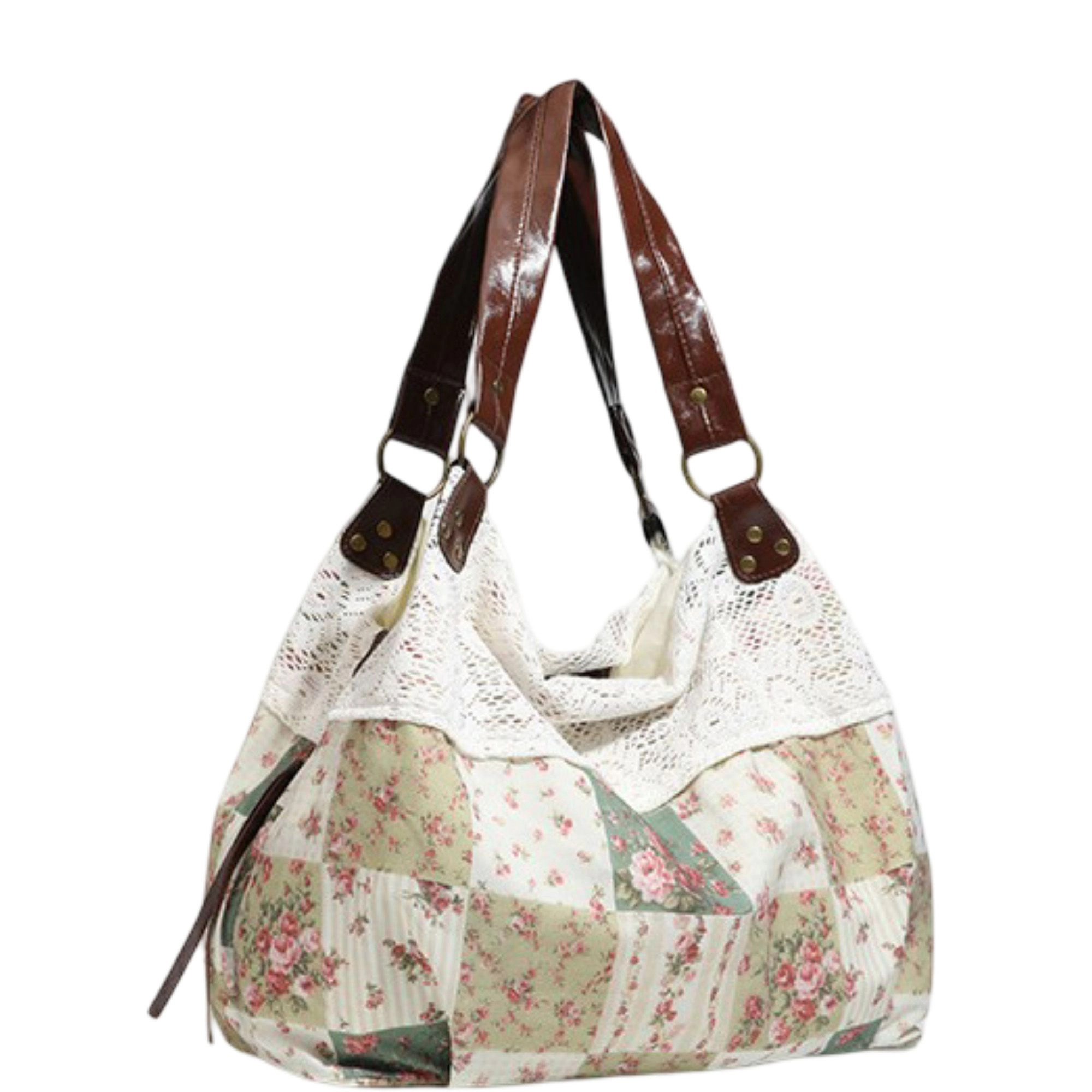 Alilang Women's Patchwork Shoulder Bag with Crochet Lace Detail and Faux Leather Straps