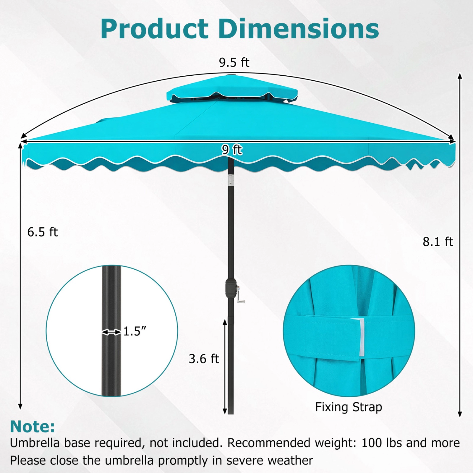 SUGIFT 9-ft Turquoise Patio Umbrella with Push Button Tilt Crank Lift 8 Ribs and Vented Double Top for Deck