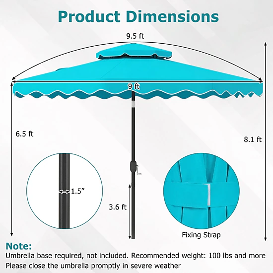SUGIFT 9-ft Turquoise Patio Umbrella with Push Button Tilt Crank Lift 8 Ribs and Vented Double Top for Deck
