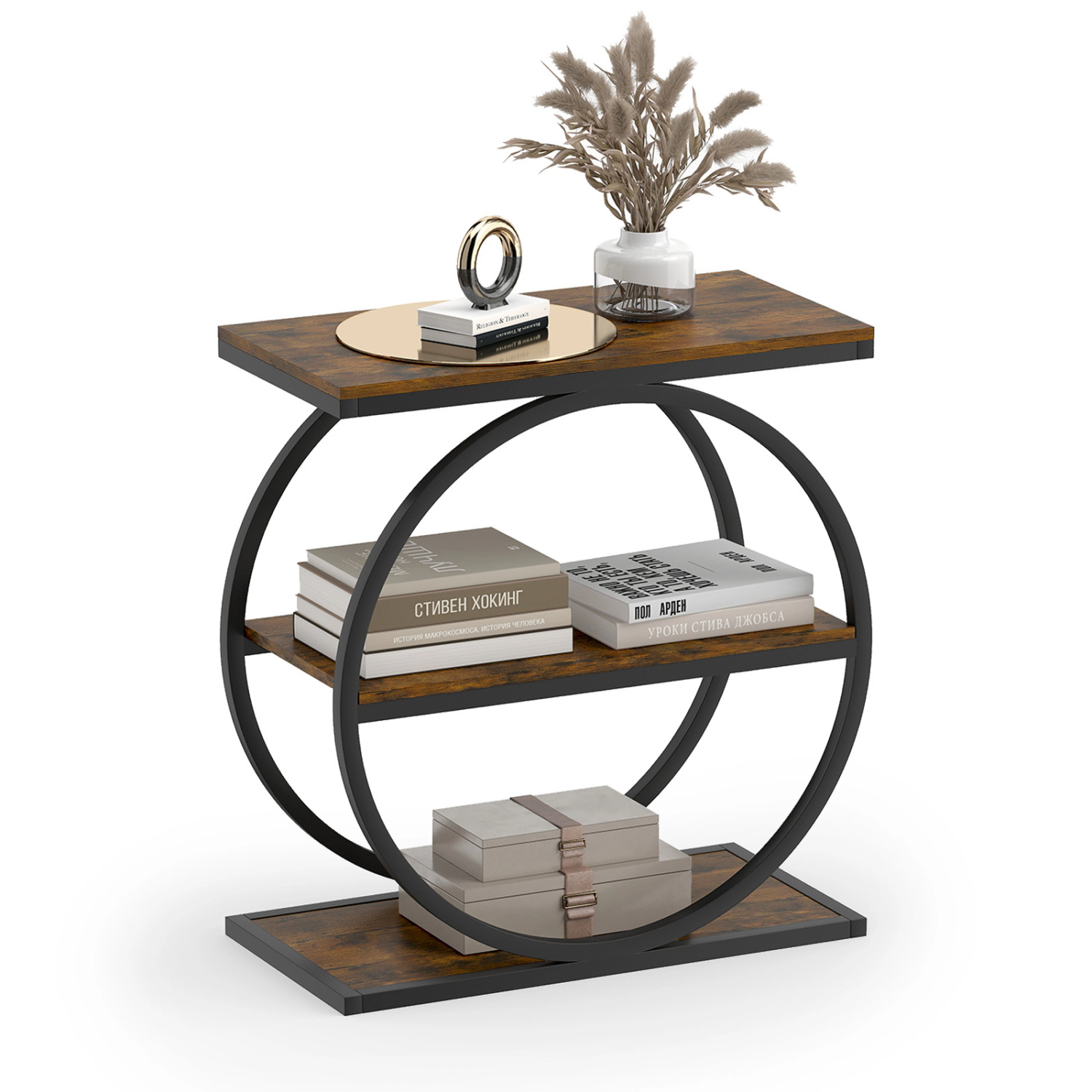 LJG Industrial Faux Marble Side Table with Metal Frame for Living Room Bedroom