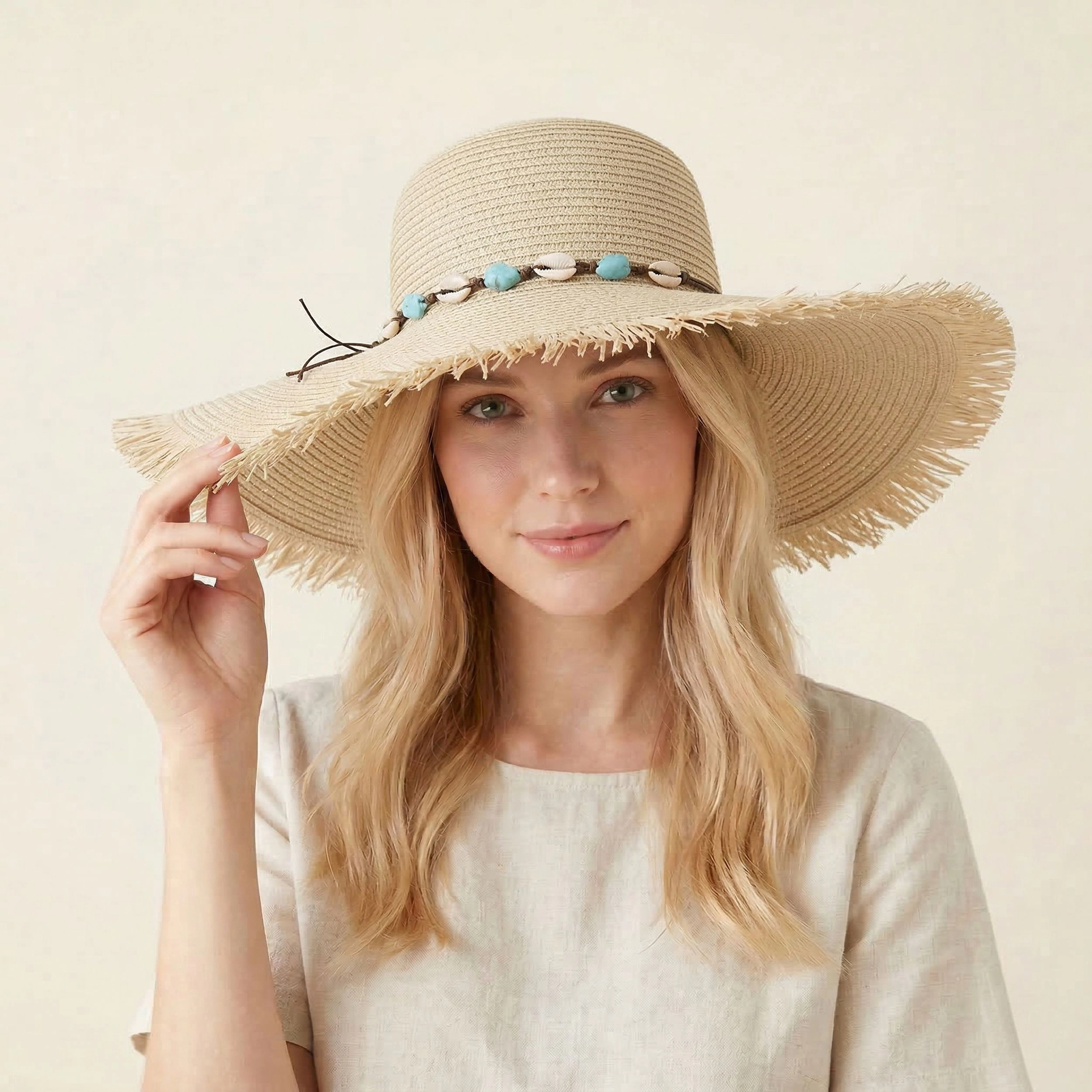 Anna-Kaci Women's Wide Brim Straw Sun Hat with Fringe Edge and Beaded Band Summer Beach Protection