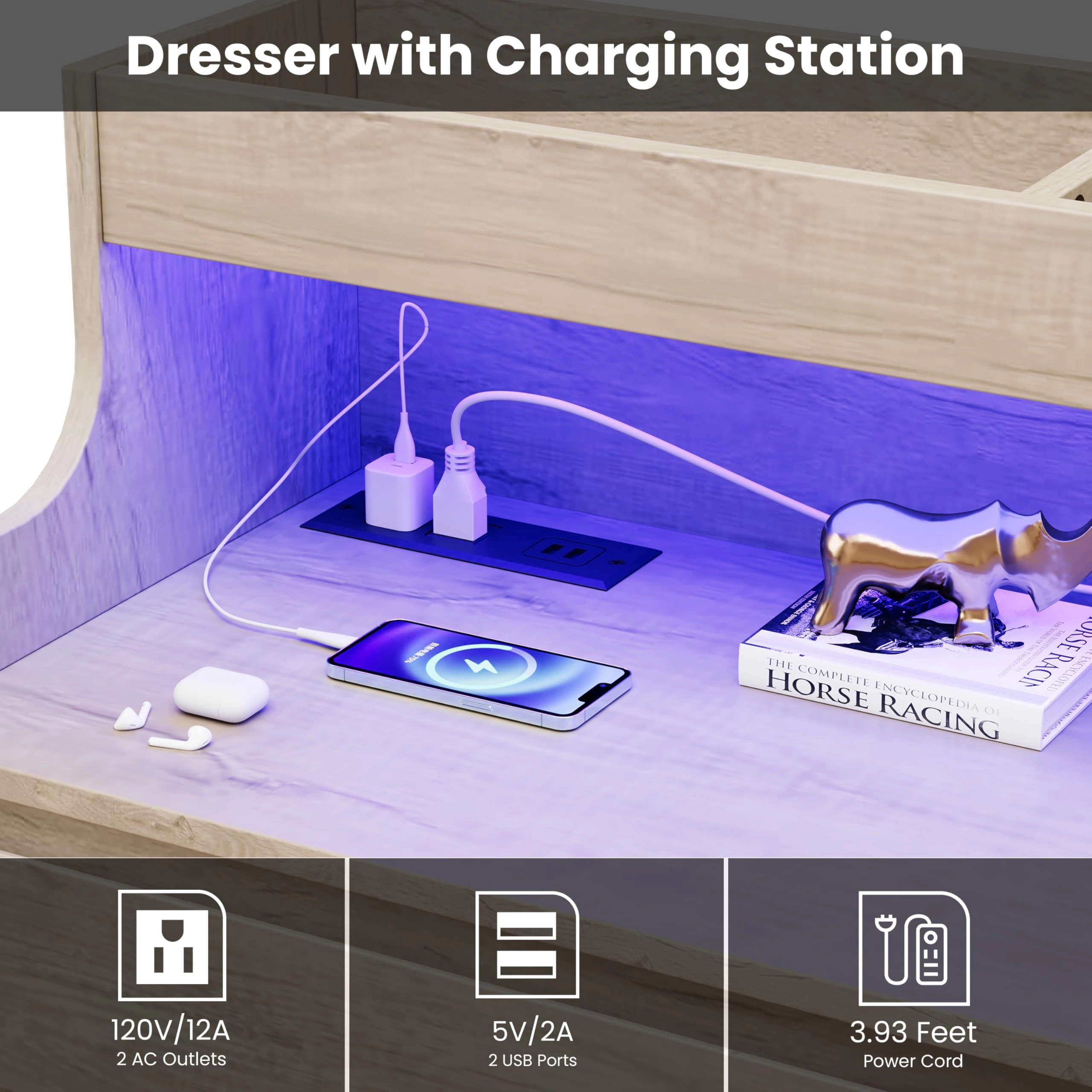 6 Drawer Dresser with RGB LED Lights & Charging Station, Wide Storage Chest with Open Shelf for Bedroom Living Room