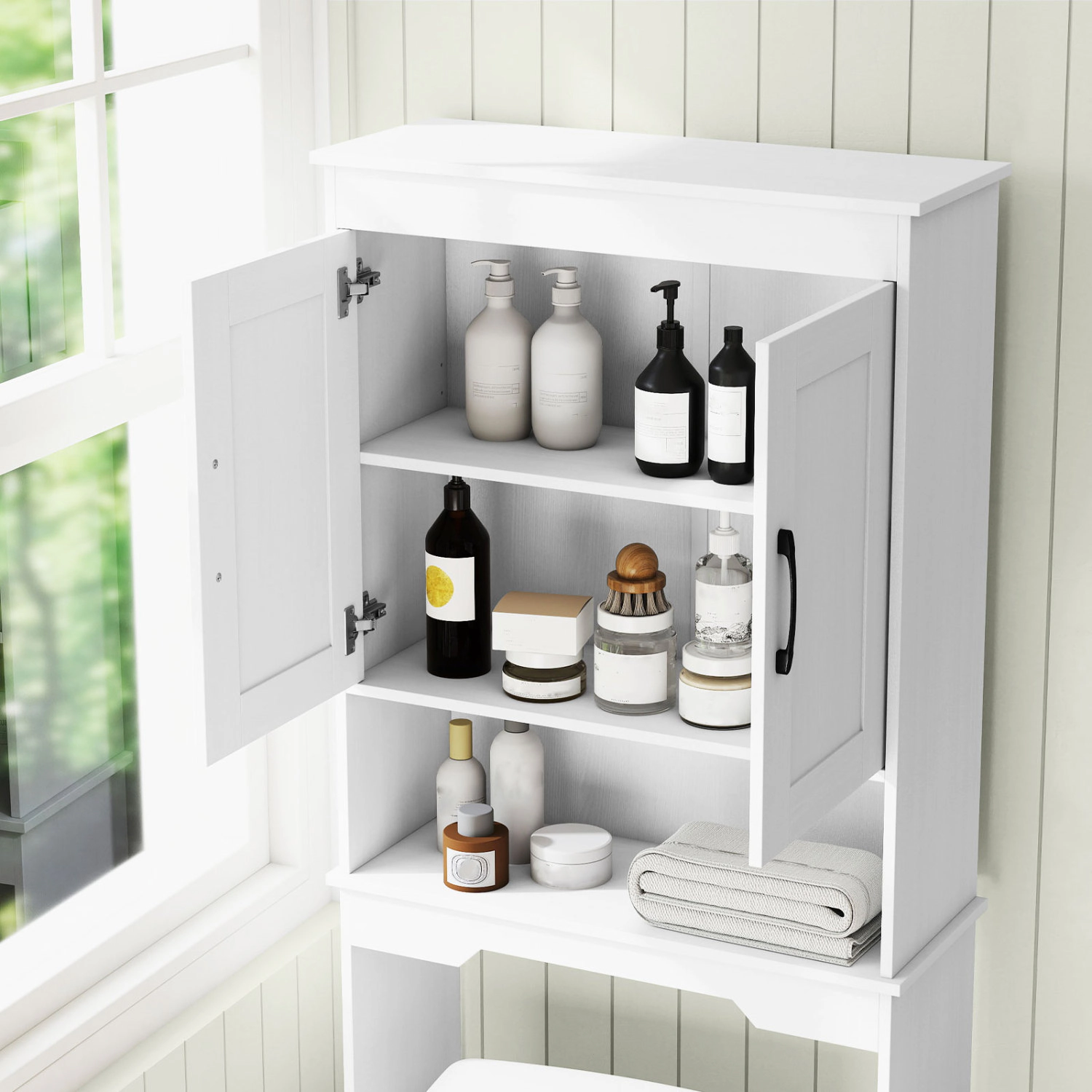 Slickblue White Over Toilet Storage Cabinet with Adjustable Shelf and Open Shelf