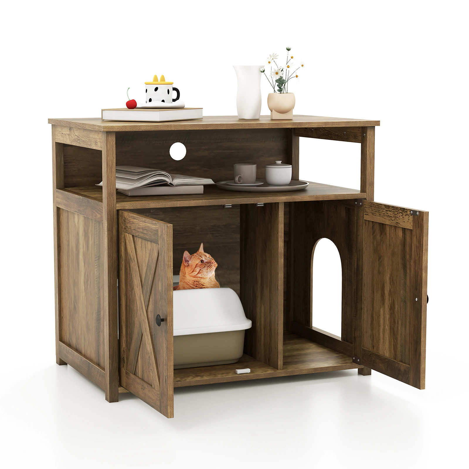 SUGIFT Cat Litter Box Enclosure Cabinet with Double Barn Doors Divider Side Entry 66-lb Top 55-lb Interior Oak