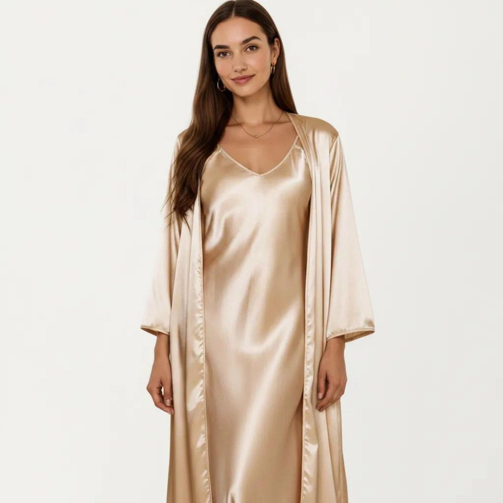 Anna-Kaci Women's 2-Piece Satin Sleepwear Slip Dress with Matching Long Sleeve Robe Lightweight Silky Pajama Set