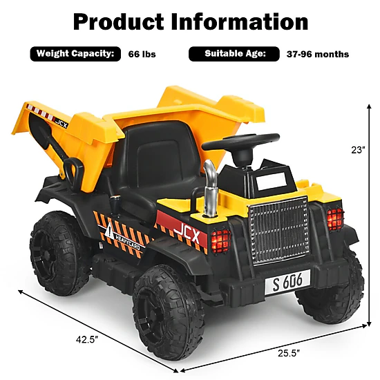 Glintex 12V Kids Ride-On Dump Truck with Electric Bucket and Detachable Shovel, Yellow