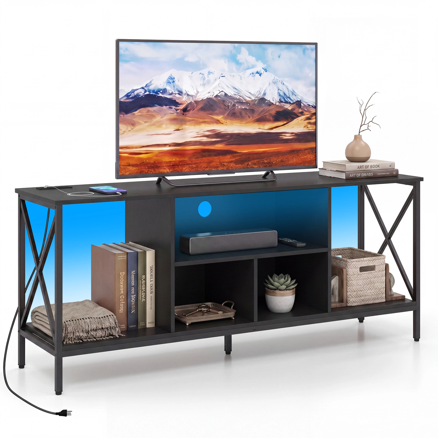 Glintex 59-Inch LED TV Stand with X-Frame and Built-In Charging Station