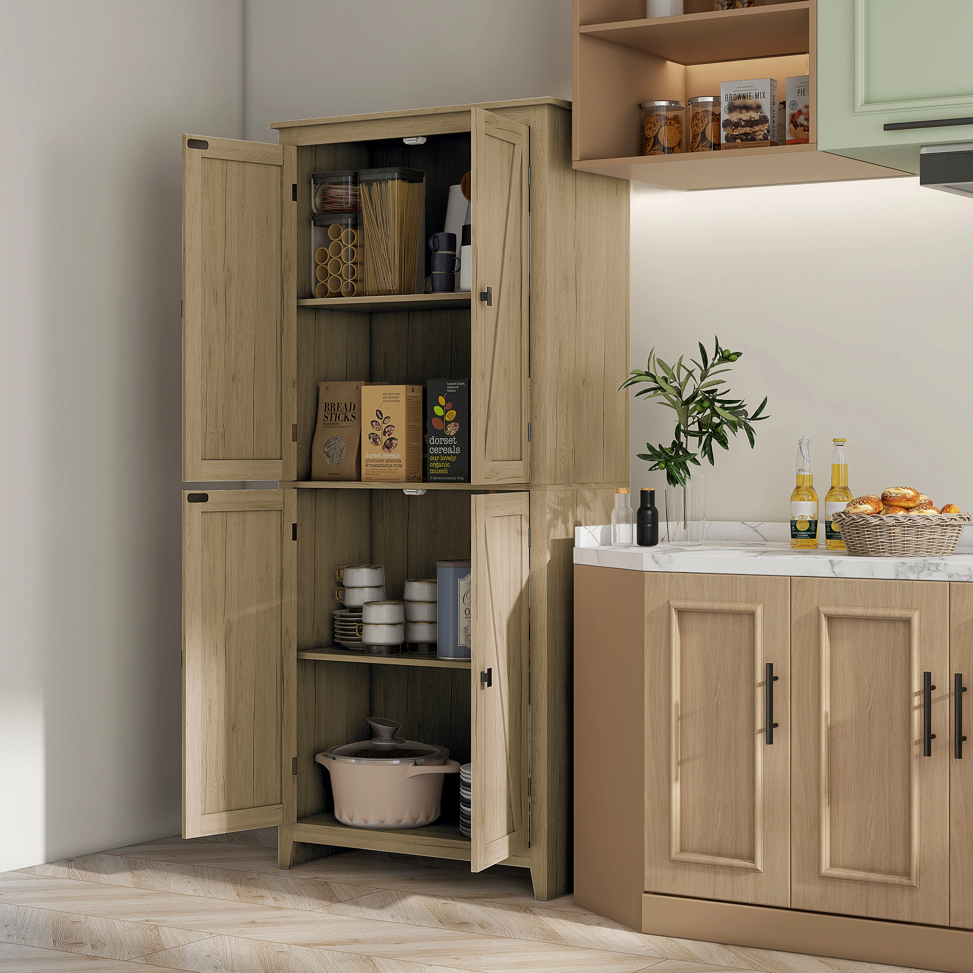 Tinyhomie 72 inch Freestanding Kitchen Pantry Cabinet with 4 Door and Adjustable Shelves