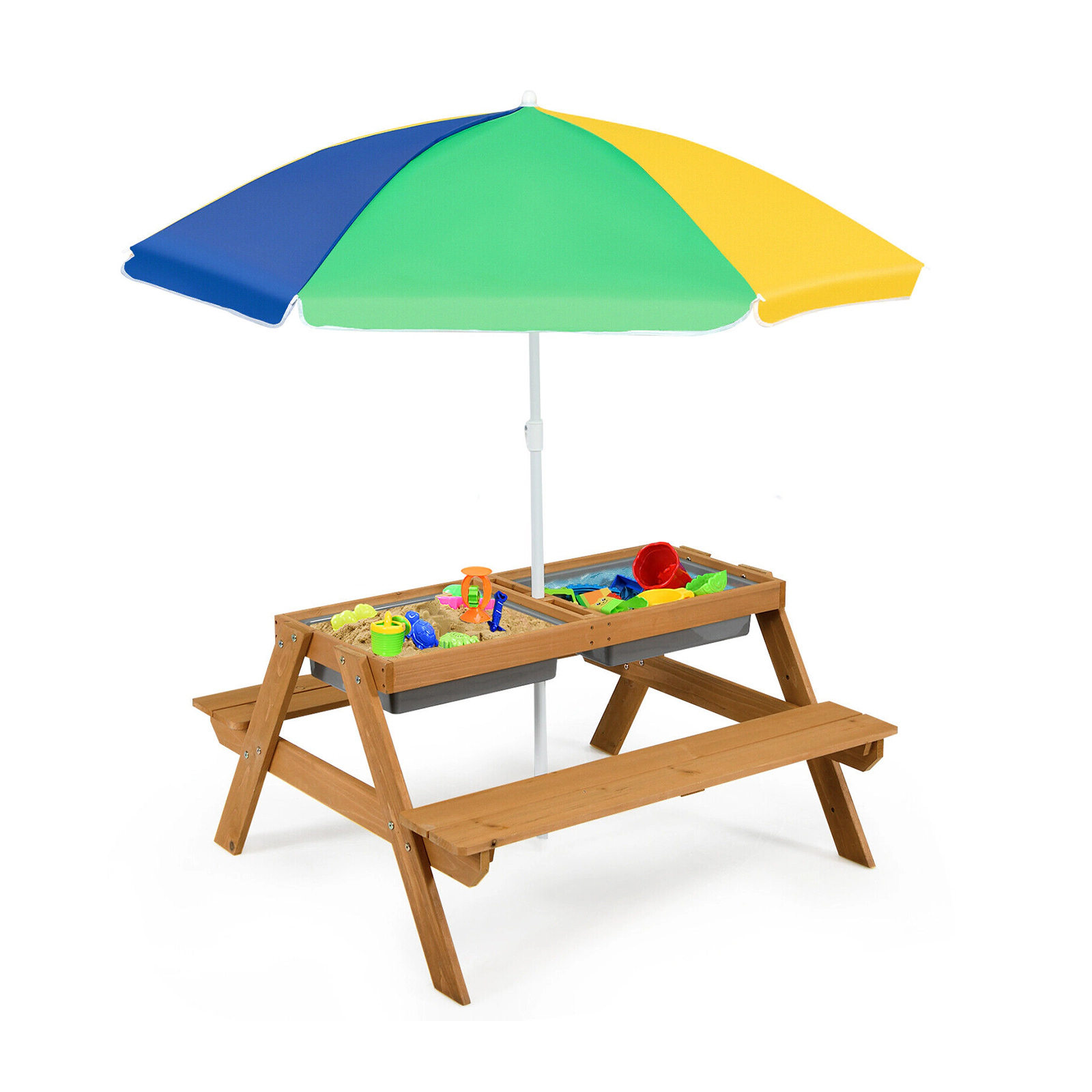 SUGIFT Umbrella and Sand Water Play Boxes Kids 3-in-1 Outdoor Fir Wood Picnic Table