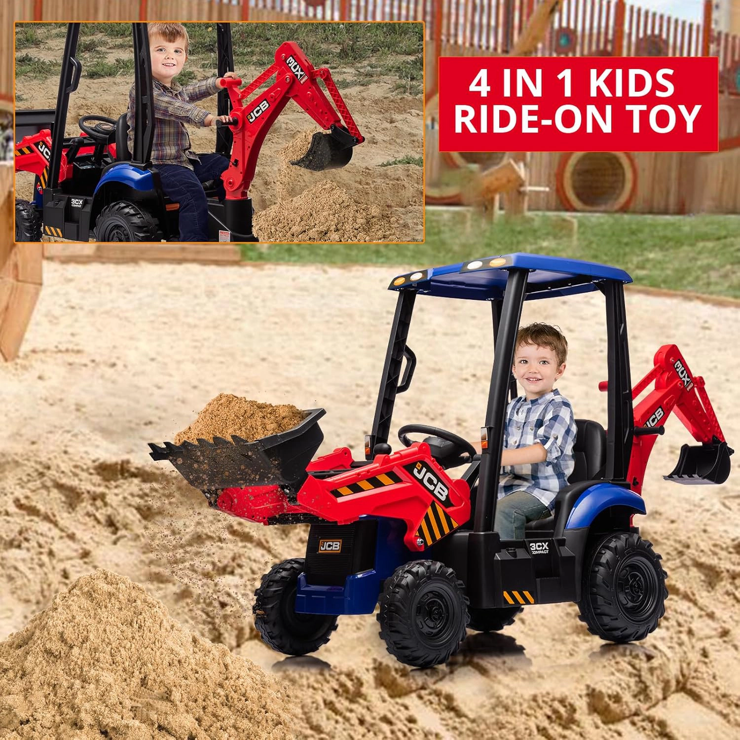 Enjyam 12V 4-in-1 Kids Ride On Excavator Bulldozer, Electric Digger w/Remote Control, Front Loader, Tent