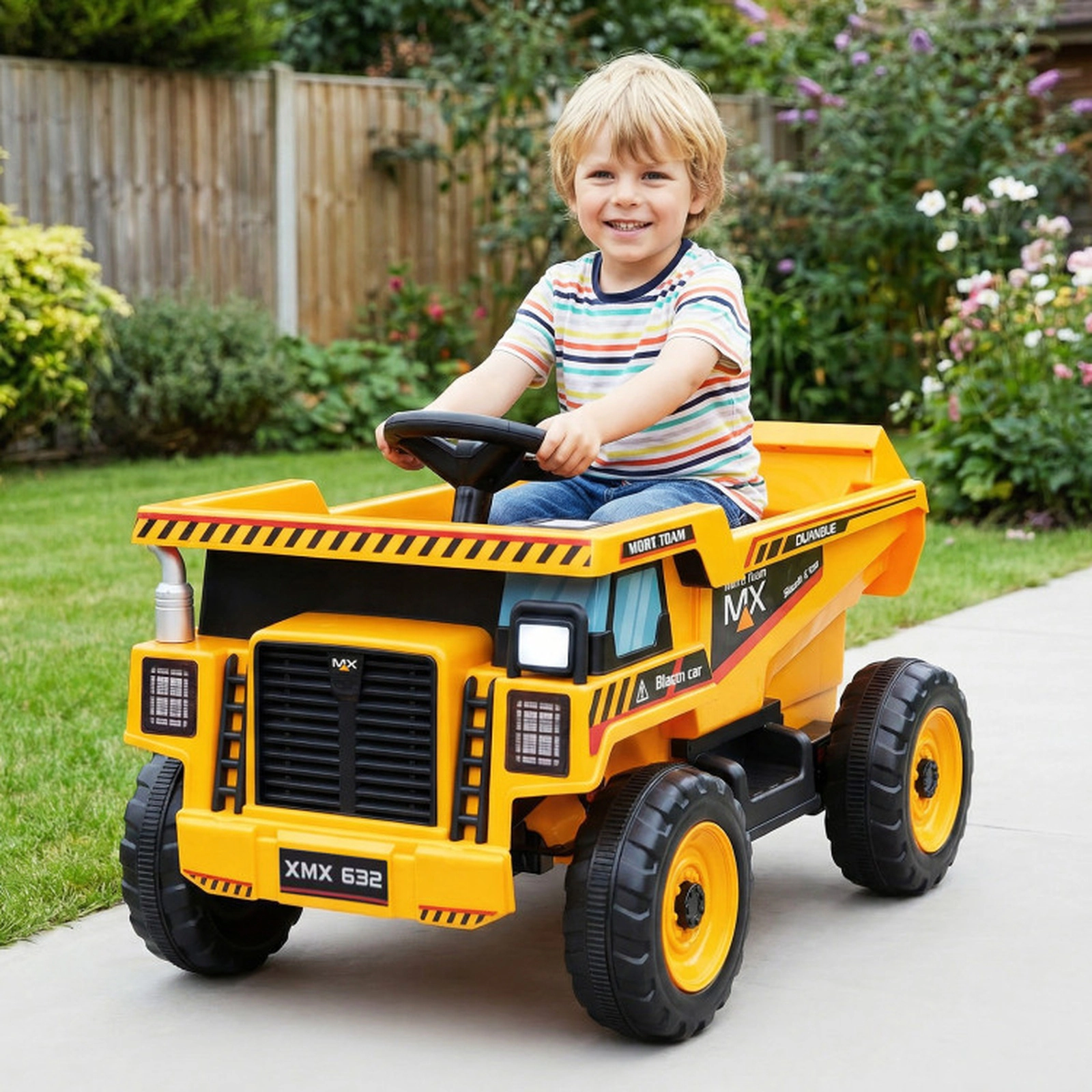 SUGIFT 24V Construction Ride-On Dump Truck Car with Remote Control 66-lb Capacity Ages 3-8 Yellow and Black