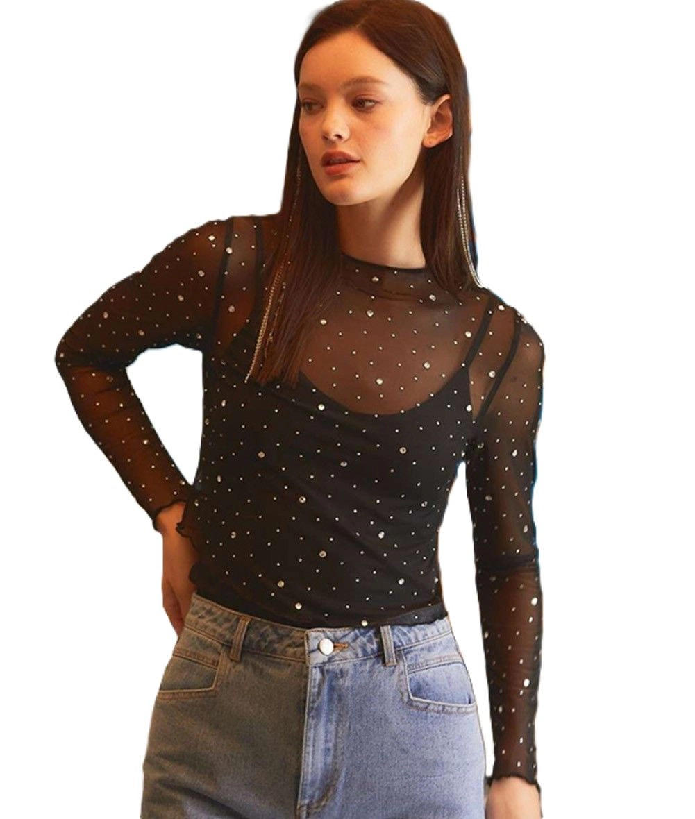 Sol Living Womens Rhinestone Sheer Mesh Slim Fit Long Sleeve Top