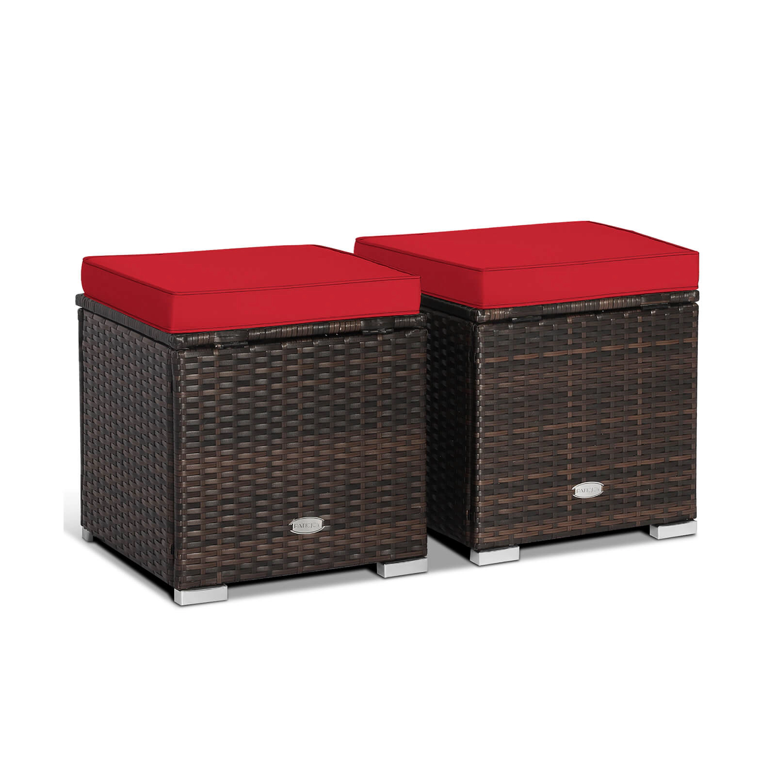 SUGIFT 2-Piece Patio Ottoman Storage Set with Removable Cushions 350-lb Top Capacity Red Mix Brown Rattan