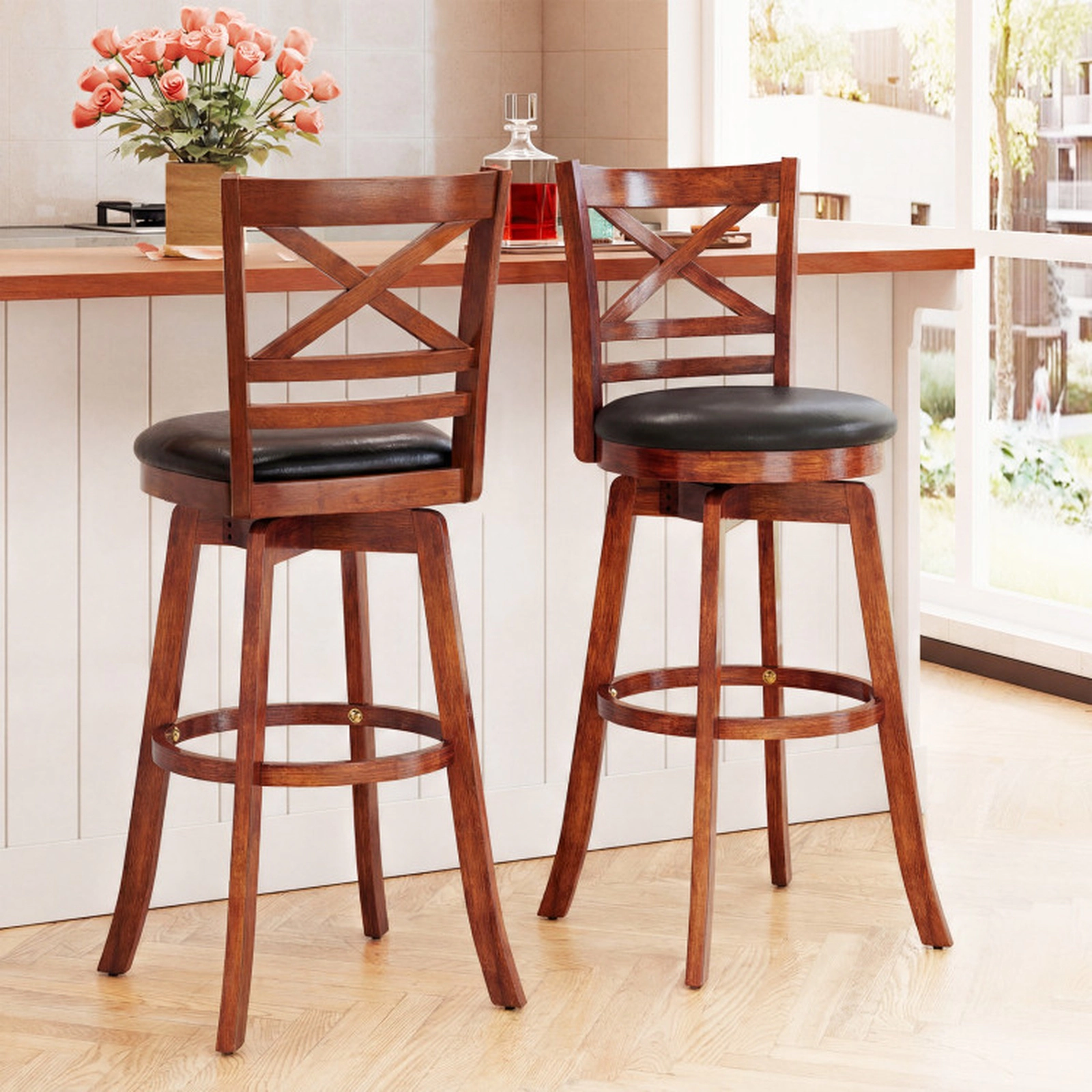 SUGIFT Set of 2 Counter-Height Swivel Bar Stools, PU Leather, Curved Backrest and Footrest