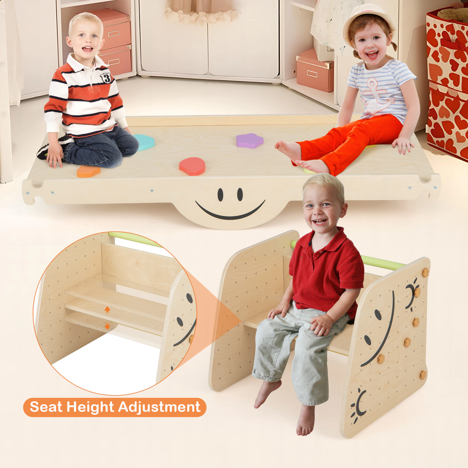 SUGIFT Multicolor Seesaw and 47 Inch Ramp Kids Wooden Climbing Toy Triangle Climber Set