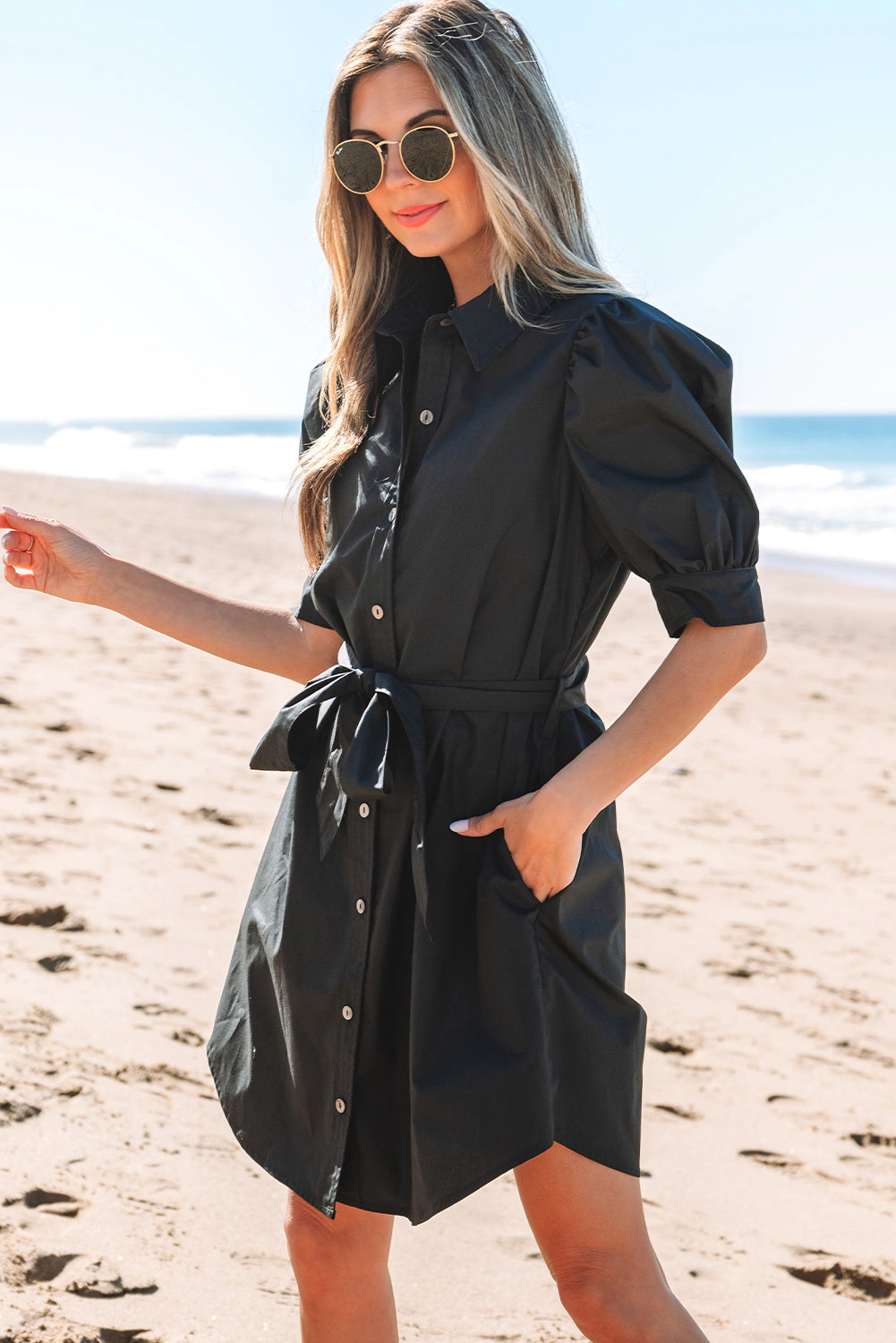 Threaded Pear Women's Malaya Button Up Tie Waist Puff Sleeve Mini Dress