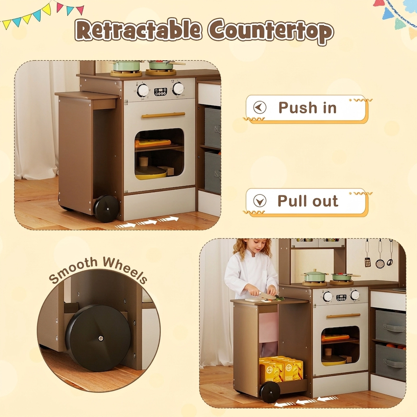 SUGIFT Corner Wooden Kitchen Playset Lights & Sounds 39.5-in Tall with Pull-Out Countertop Ages 3+ Coffee/Pink/White