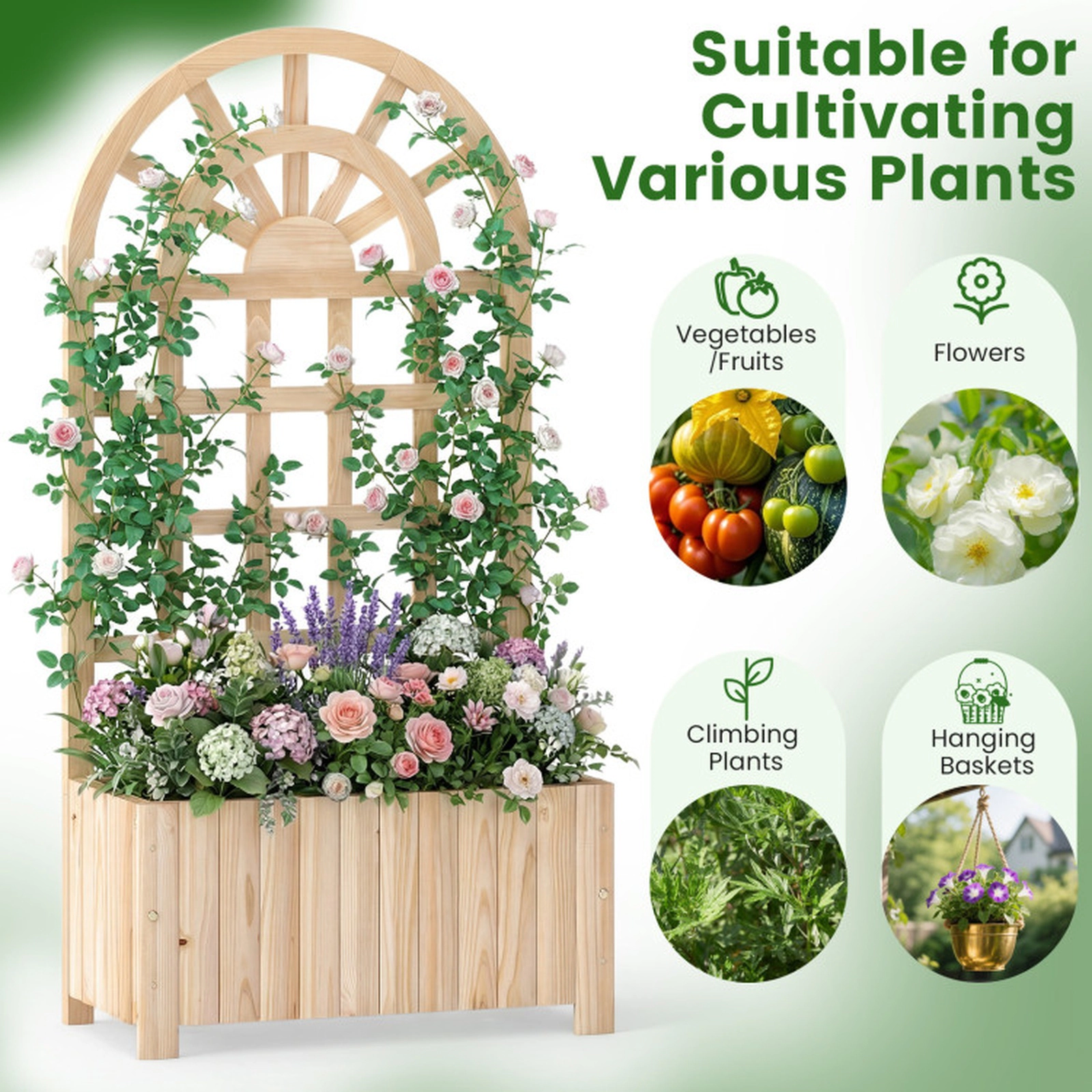 SUGIFT Natural Wood Raised Garden Bed with 48-in Lattice Trellis 24-in W 12-in D 66-lb Planter Box Capacity