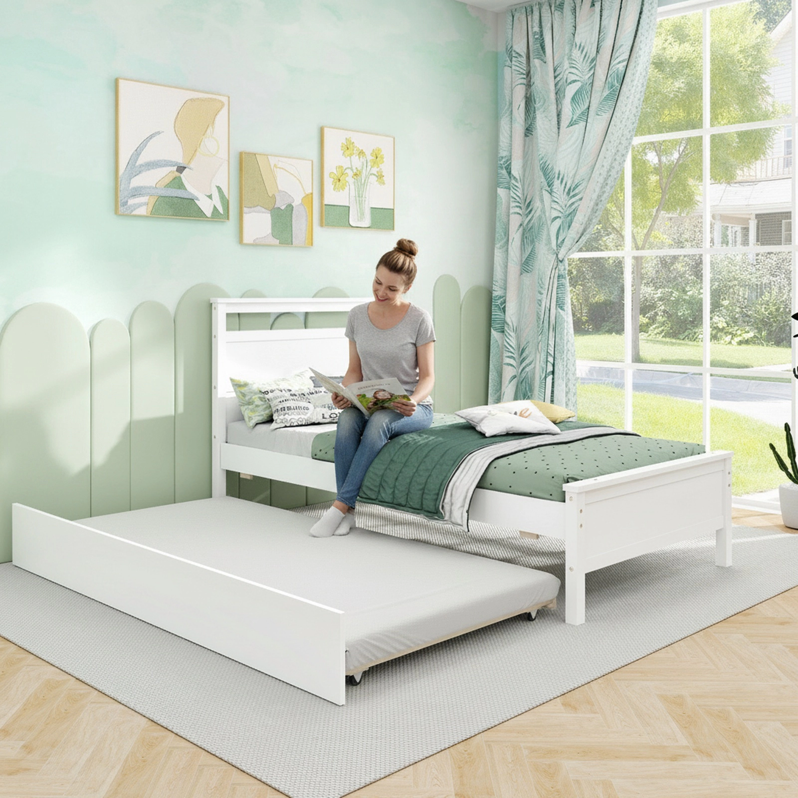 SUGIFT Twin Wood Platform Bed with Pull-Out Trundle, White, 200-Lb Capacity per Bed