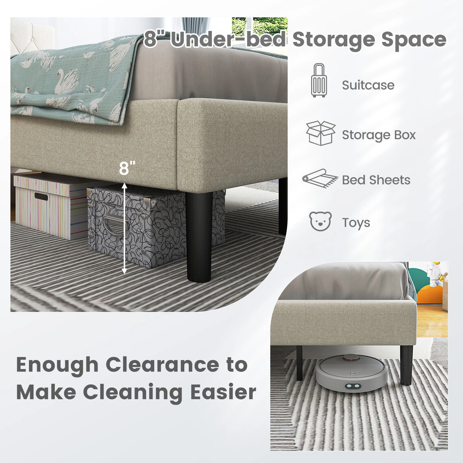 SlickBlue Modern Bed Frame with Wooden Slats and Under Bed Storage