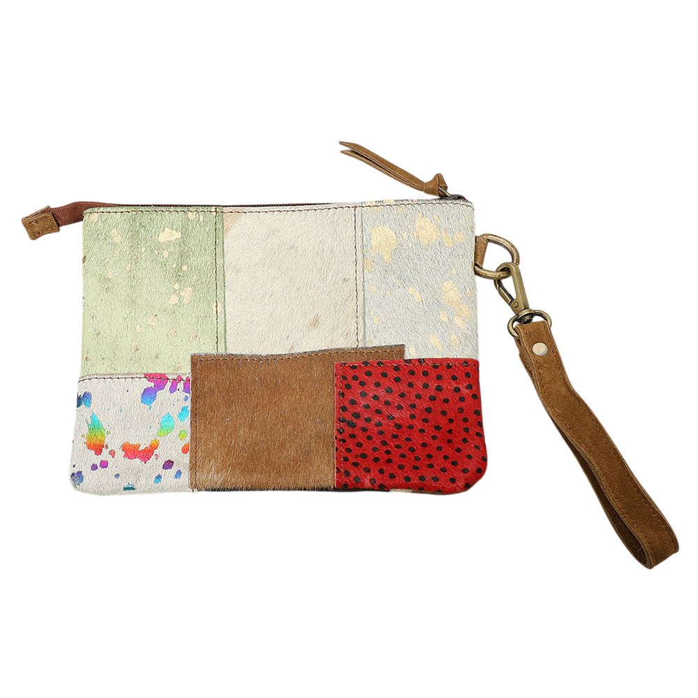 FASHNZFAB Genuine Leather Cowhide Calf Fur Patchwork Wristlet Pouch Clutch Bag