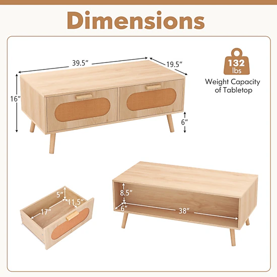 Hivvago Elegant Mid-Century Modern Center Table with Built-In Drawers