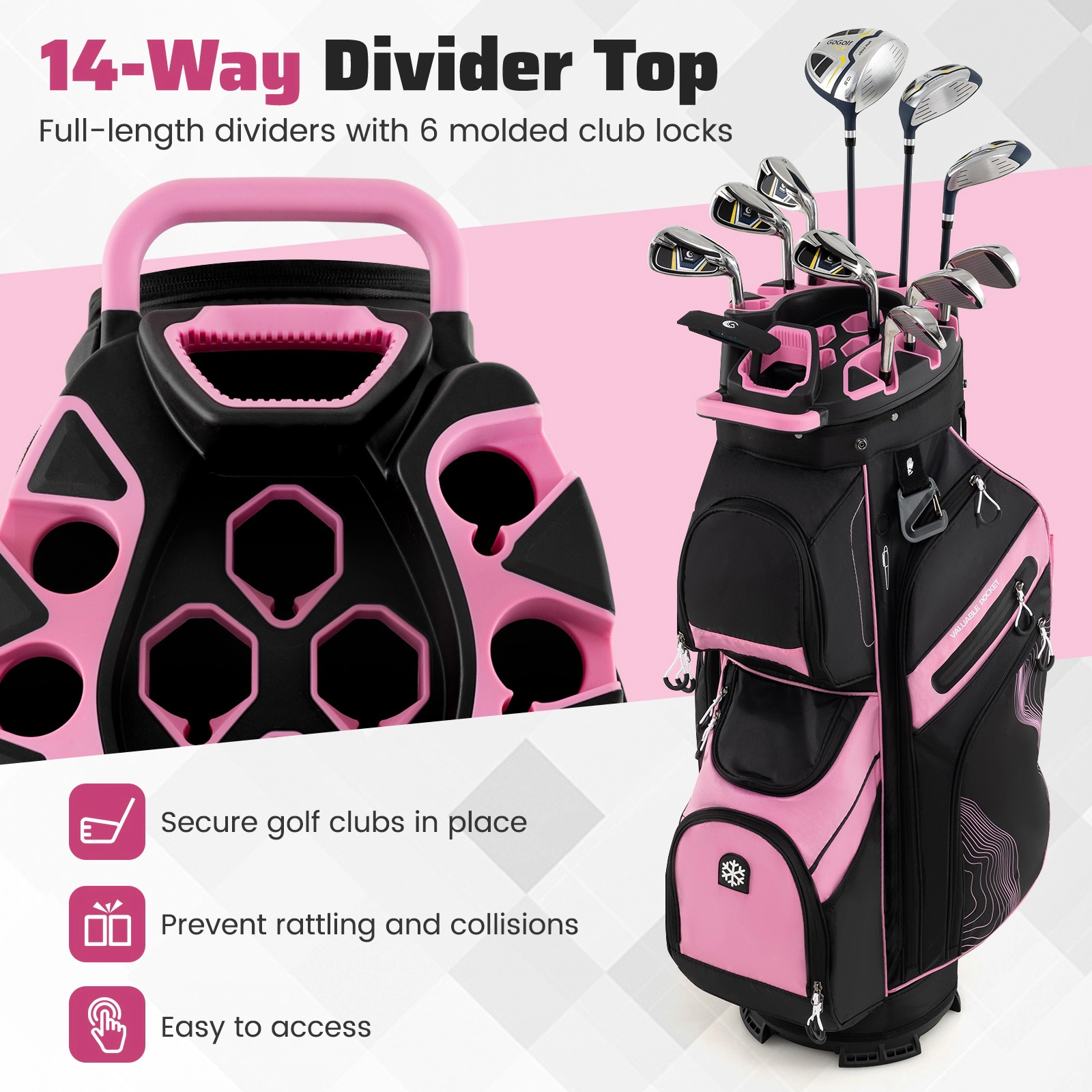 SUGIFT Molded Lock Top Golf Cart Bag with 14-Way Full Length Dividers 11 Pockets Pink