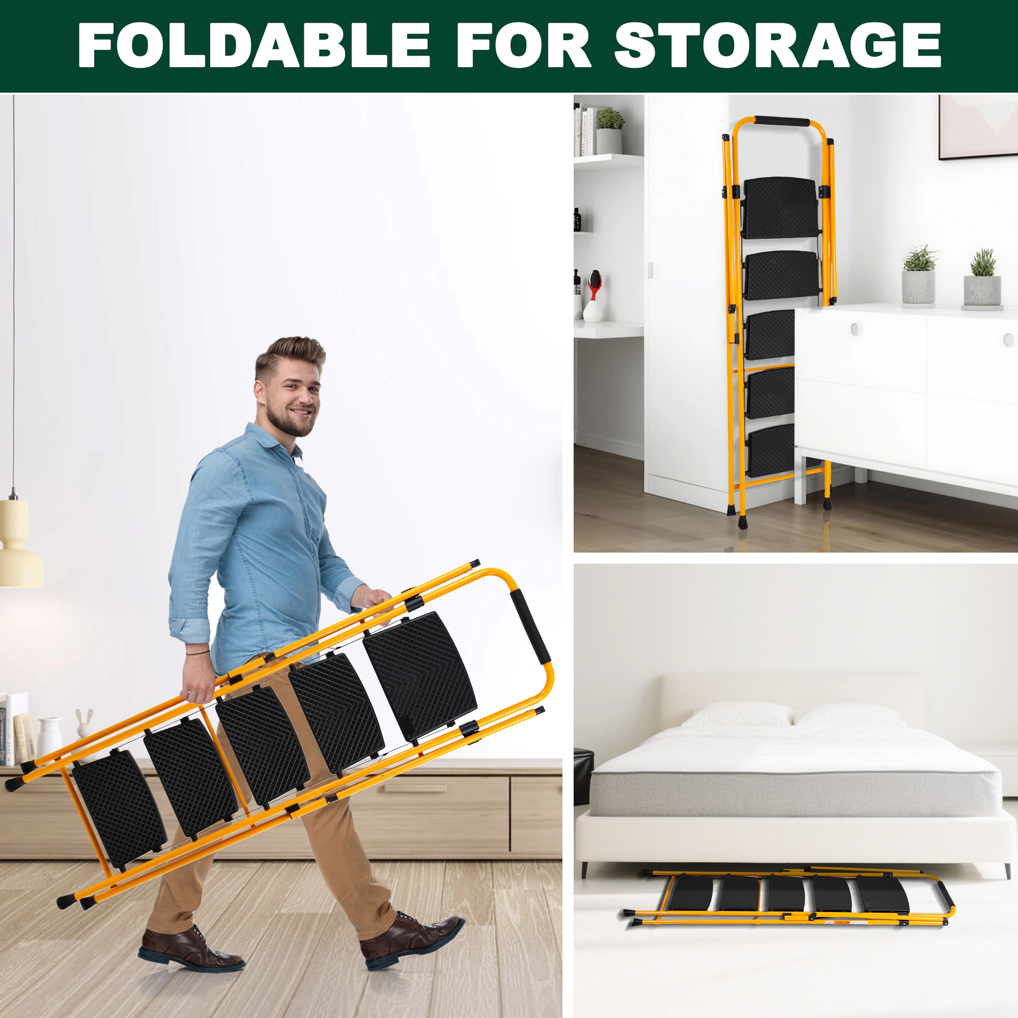 Flynama 5 Step Ladder - 500lb Capacity Steel Foldable Step Stool (Yellow)