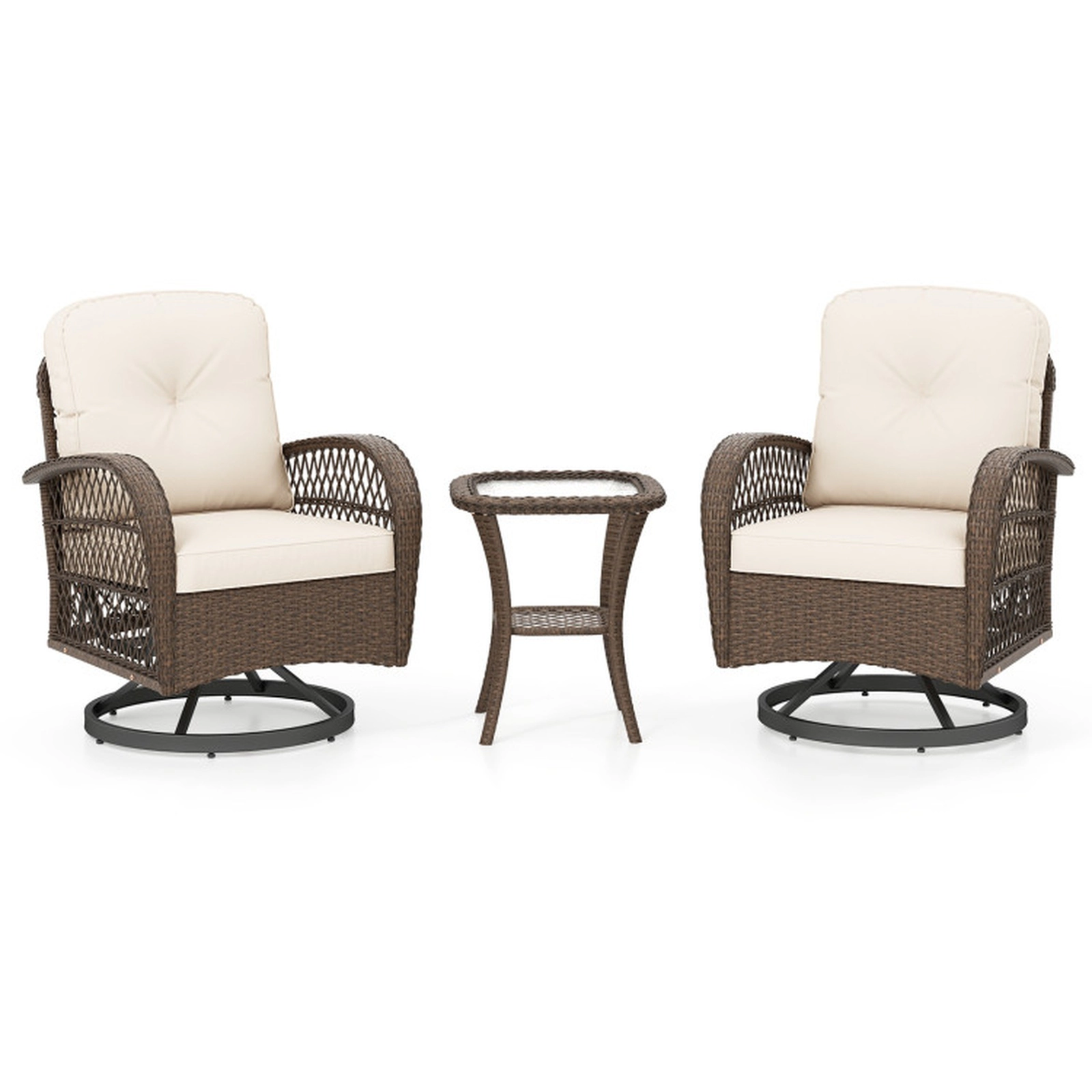 SUGIFT Patio Swivel Rocker Chair Set with Tempered Glass Side Table 400-lb Seat and 110-lb Table Capacity White Cushions