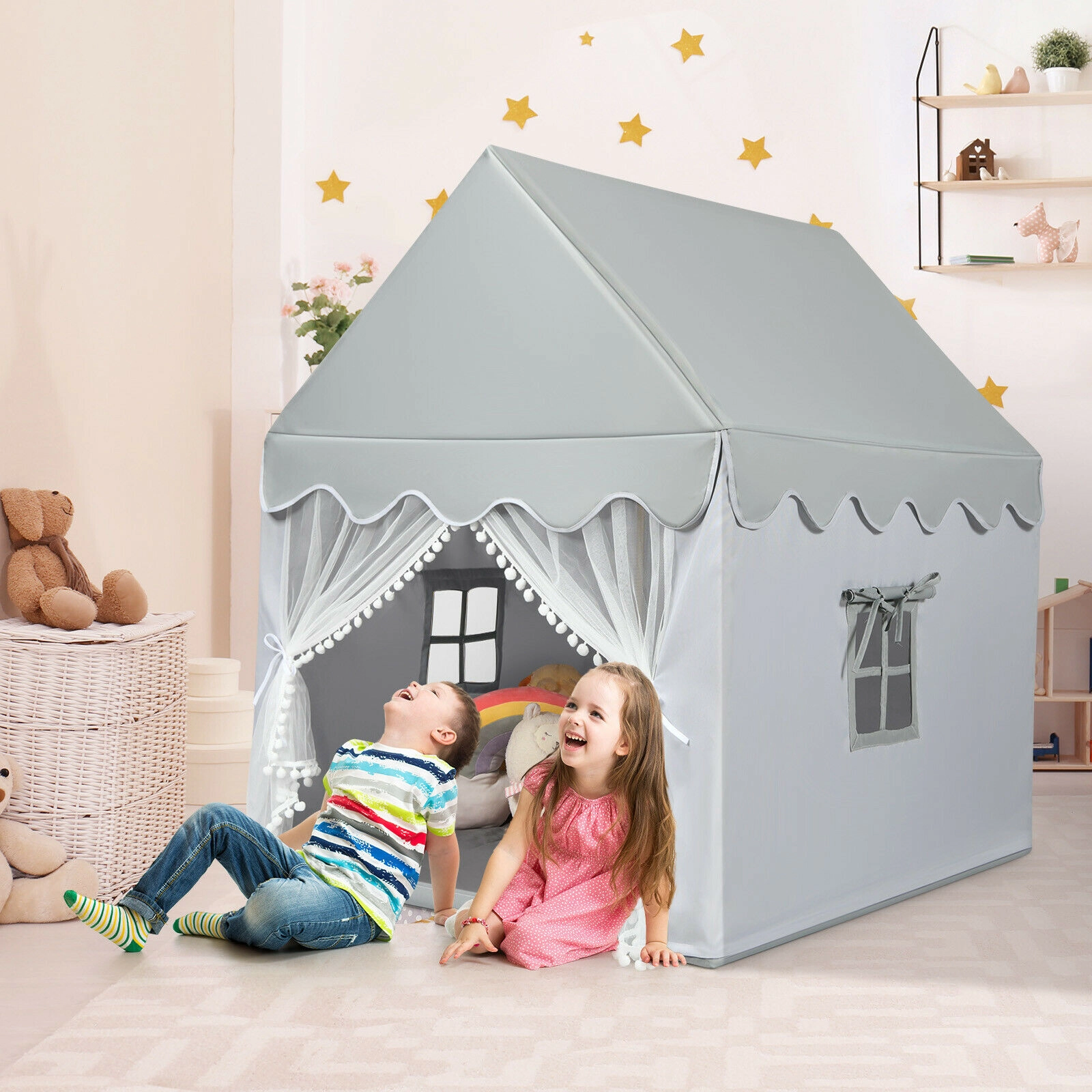 Kids Play Tent Indoor Castle Playhouse with Thick Cotton Mat and Mesh Door 47-in x 41-in x 55-in Gray
