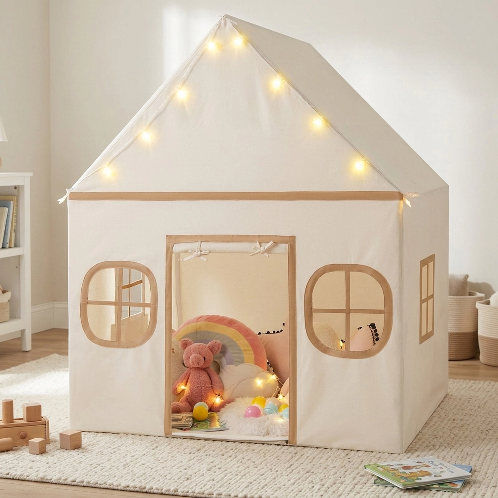 Kids Play Tent Large Indoor Playhouse for 3 Kids with Door Curtain Breathable Windows Star Lights Coffee