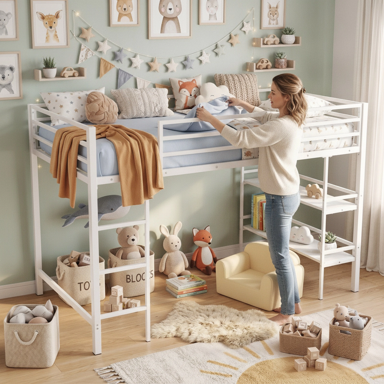 SUGIFT Twin Low Loft Bed, Metal Frame, Ladder, Storage Shelves, White