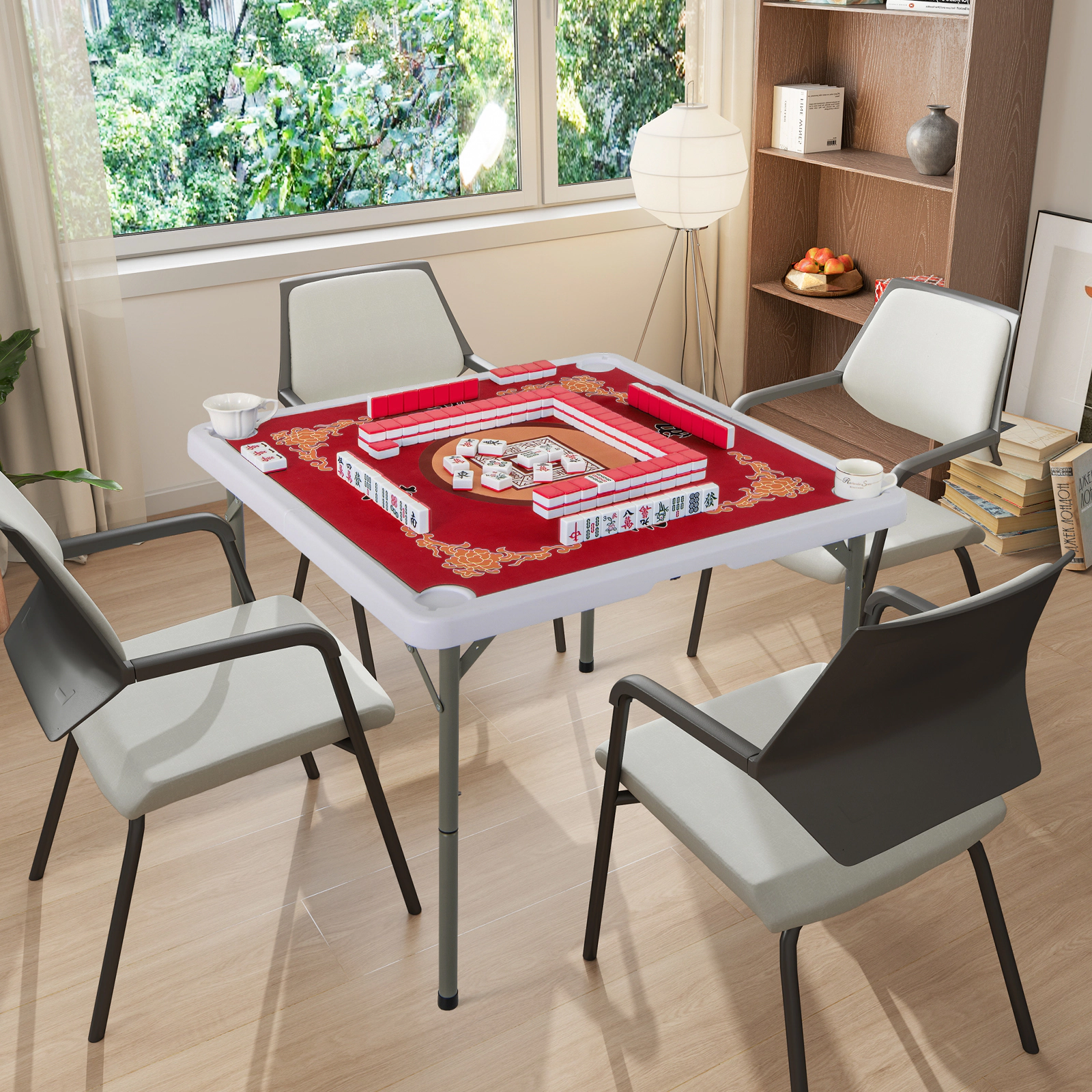 SUGIFT 35-in 180-lb Capacity Portable Folding Mahjong Table with 32.5-in Felt Mat and Cup Holders