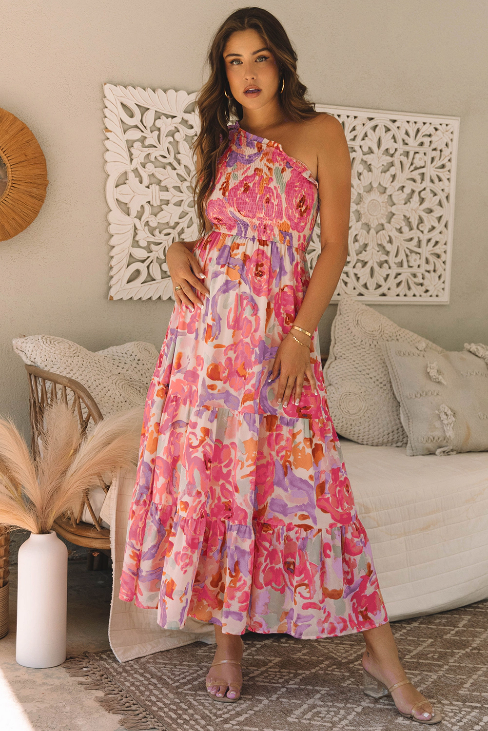 Threaded Pear Women's Malaysia Floral Print Shirred One Shoulder Maxi Dress