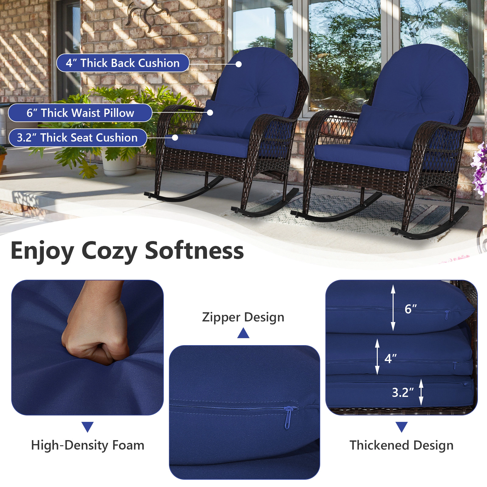 SUGIFT Outdoor PE Rattan Rocking Chair, 400 lb Capacity, Cushions and Lumbar Pillow