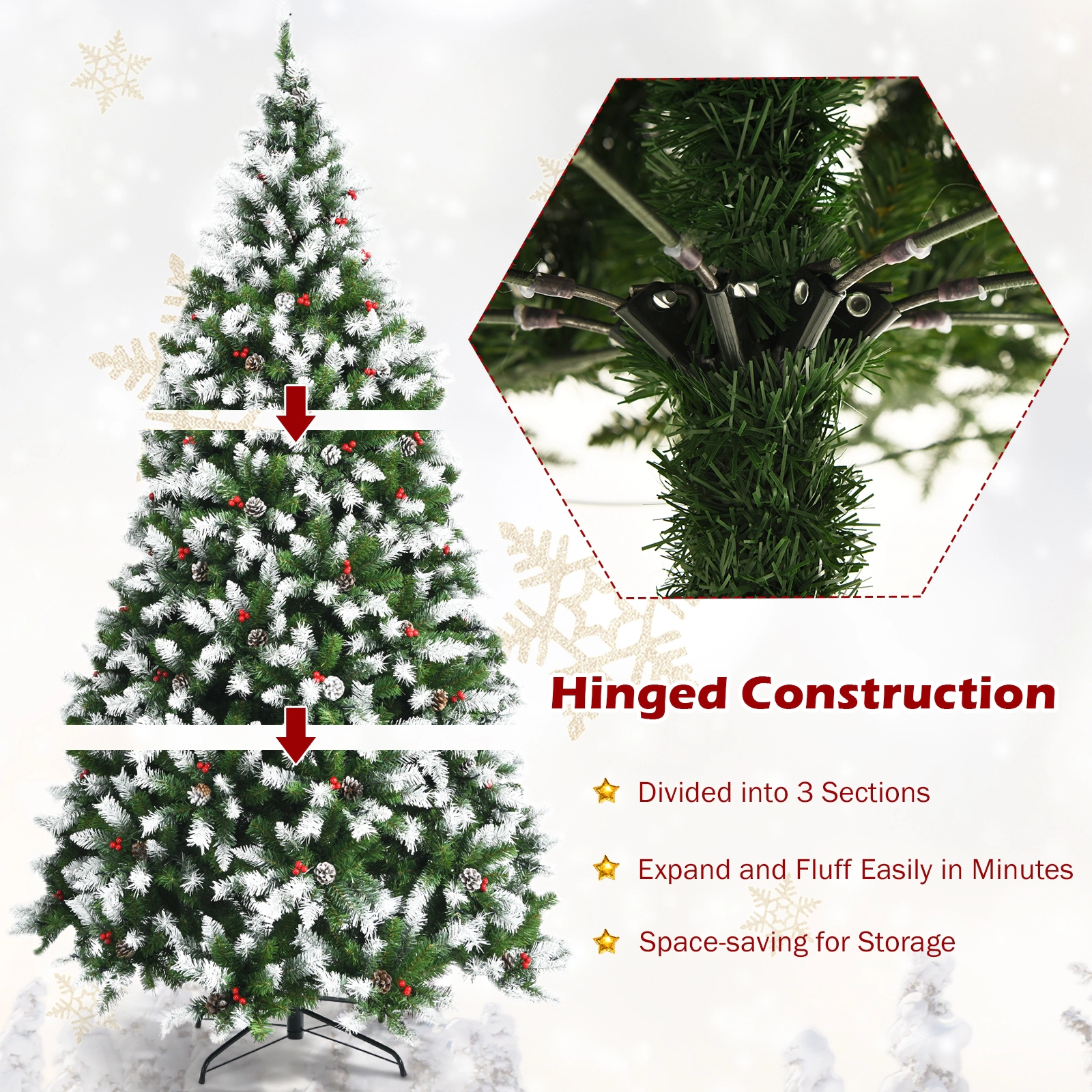 SUGIFT Pre-Lit Snow Sprayed Christmas Tree with PVC Branch Tips and Metal Stand