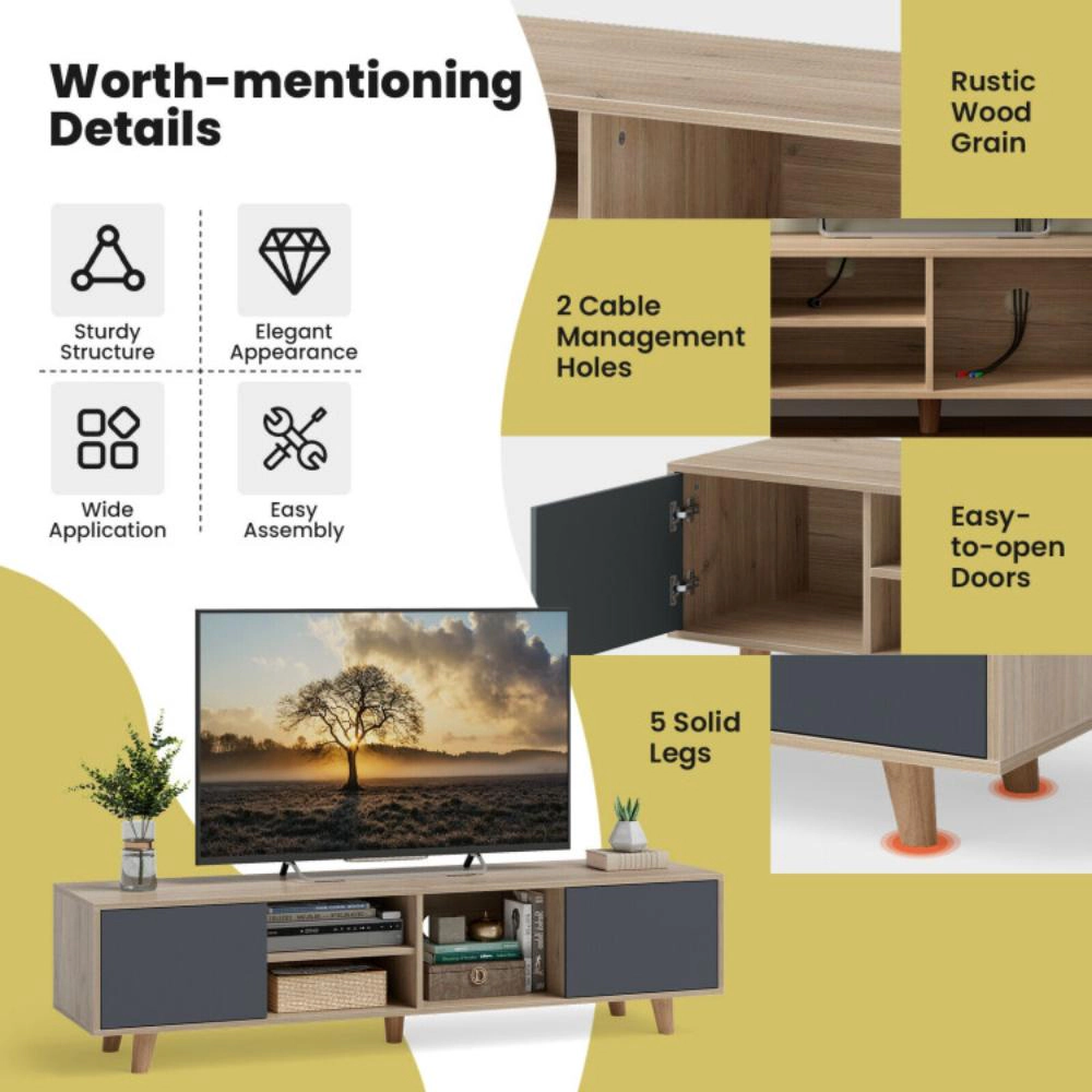 Hivvago 63 Inch Tv Stand With 2 Doors And Open Shelves For Living Room