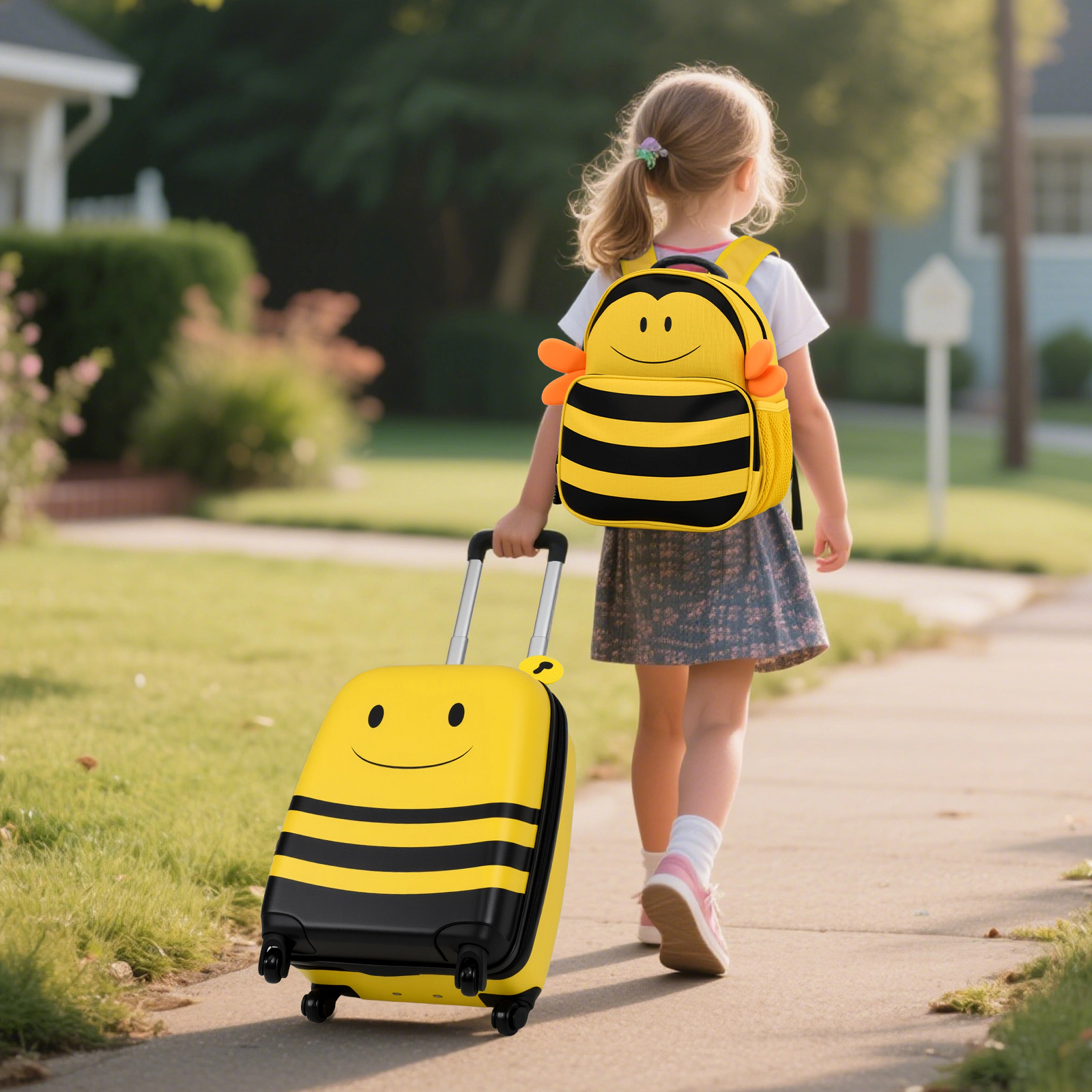 SUGIFT Kids 2-Piece Anti-Lose Rope Retractable Rod 2-Level Suitcase Backpack Luggage Set 4 Wheels Ages 3+ Yellow
