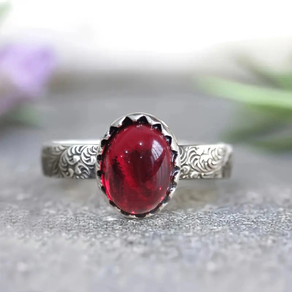 Silver Plated Vintage Red Stone Statement Ring for Women