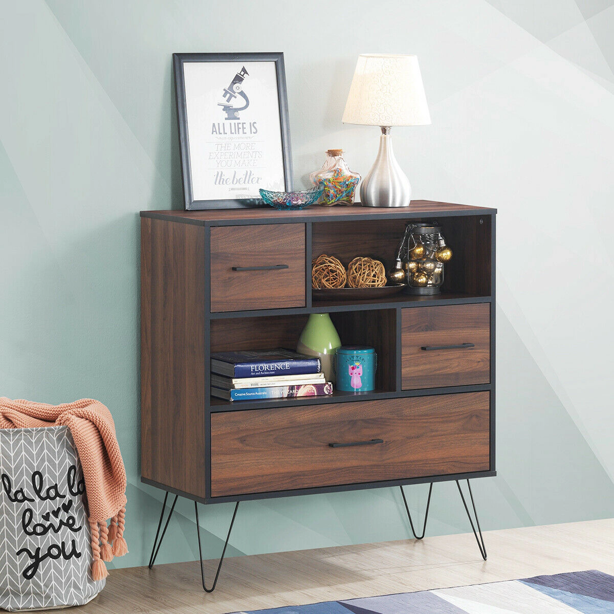 Slickblue 3 Tier Freestanding Storage Cabinet with Drawer Shelves and Metal Leg Base