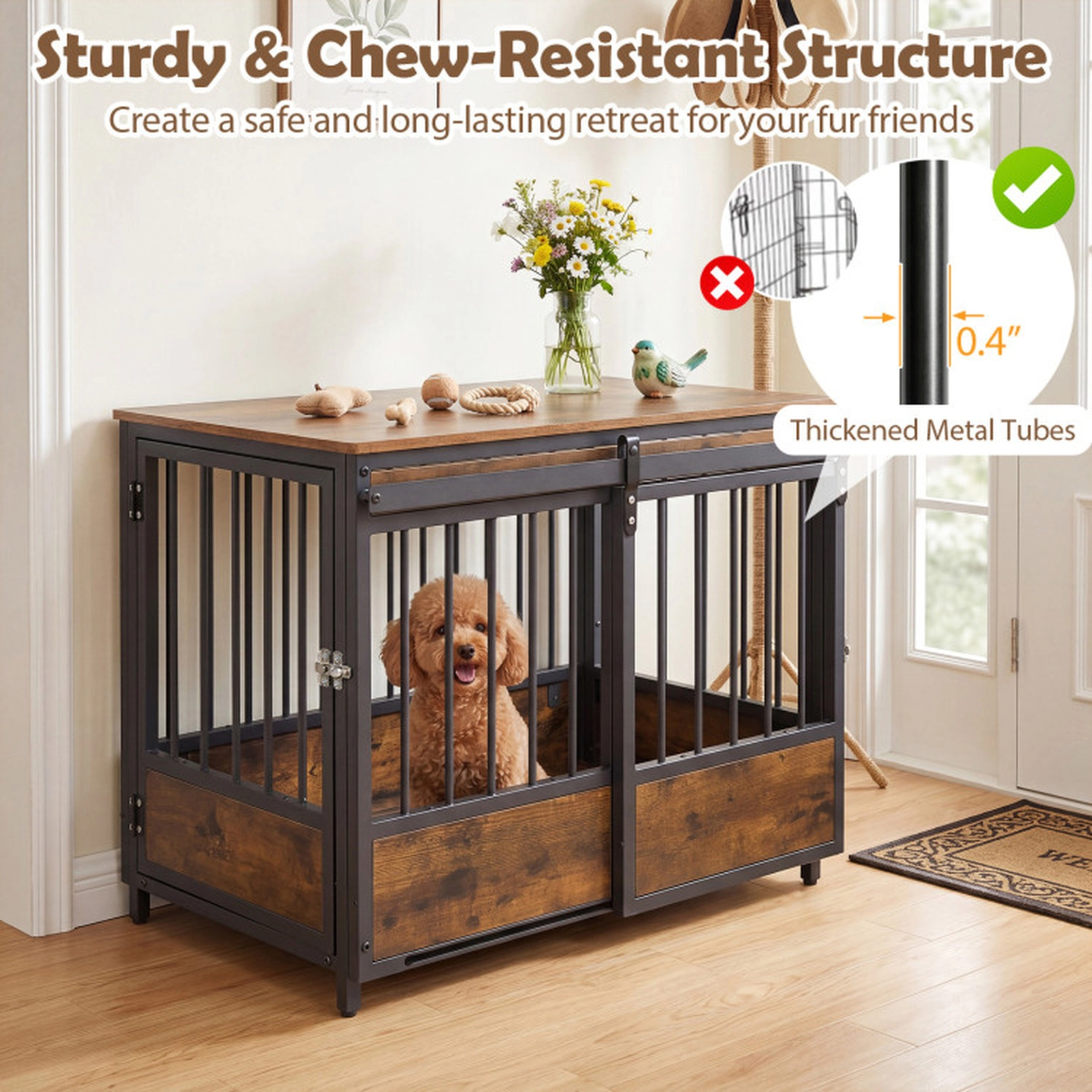 SUGIFT Furniture Style Dog Crate with 2 Doors Safety Latch Dog Mat and 242-lb Wooden Top for Small Dogs