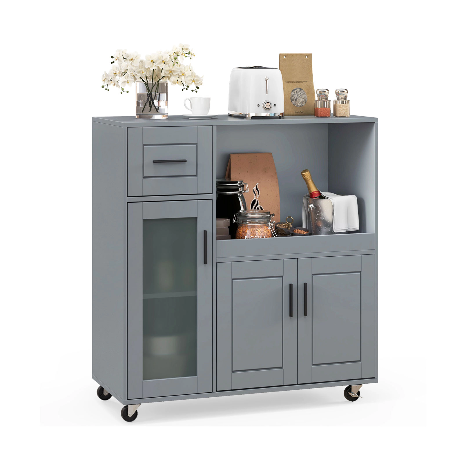 SUGIFT Rolling Kitchen Island Cart with Drawer Glass Door Cabinet and Adjustable Shelf 100-lb Tabletop Capacity Gray