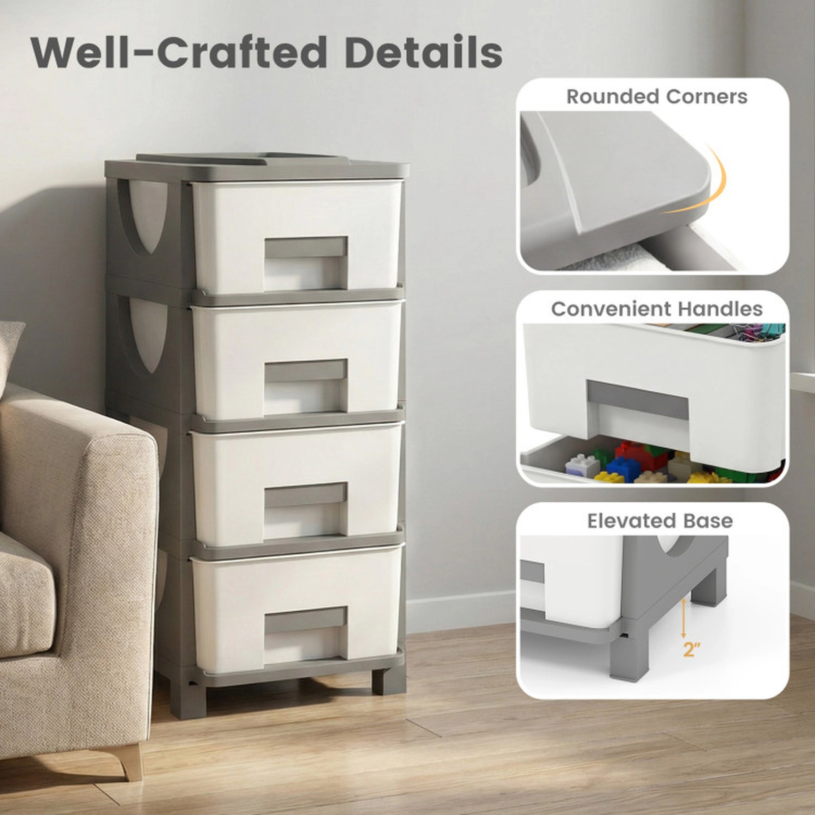 SUGIFT Gray Tabletop for Bedroom 4-Drawer Plastic Storage Organizer Cabinet