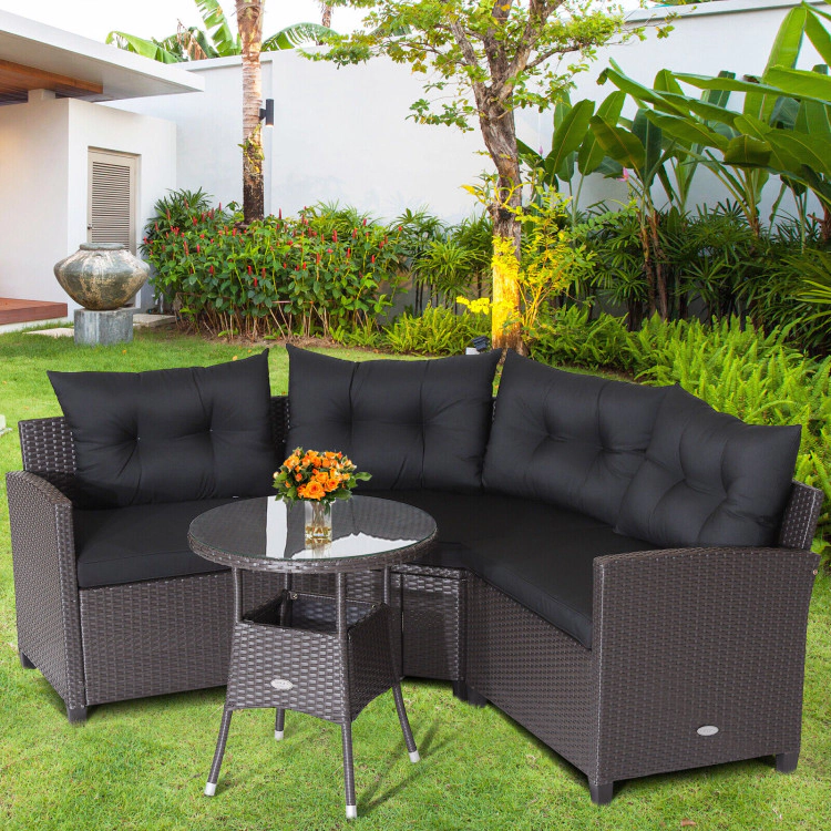 Hivvago 4 Pieces Patio Rattan Furniture Set Cushioned Sofa Glass Table