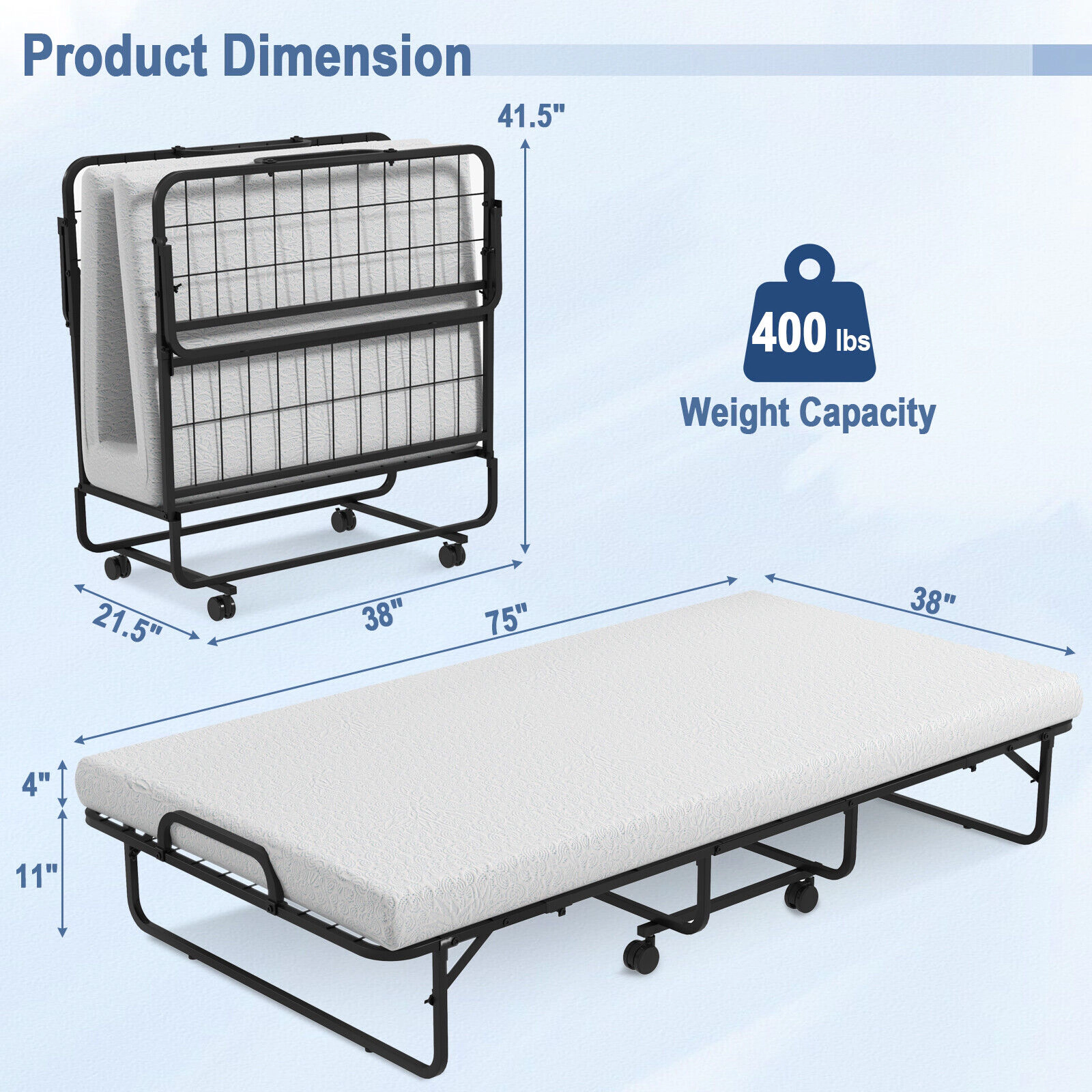 SUGIFT Twin Folding Bed with 4-Inch Memory Foam Mattress, Rollaway Guest Bed, 400-Lb Capacity